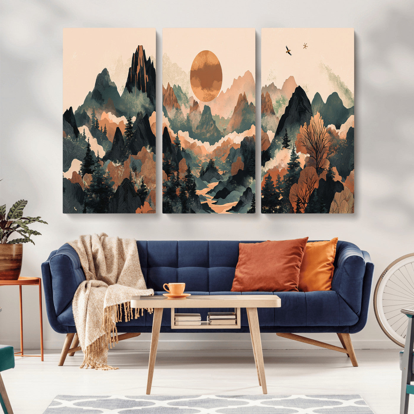 MGV-CV-48X32-3P - Wood Mountain Landscape Wall Art Canvas Print, Framed Sunset Hills Art Picture Print, Abstract Nature Perfect Boho Decor Artwork