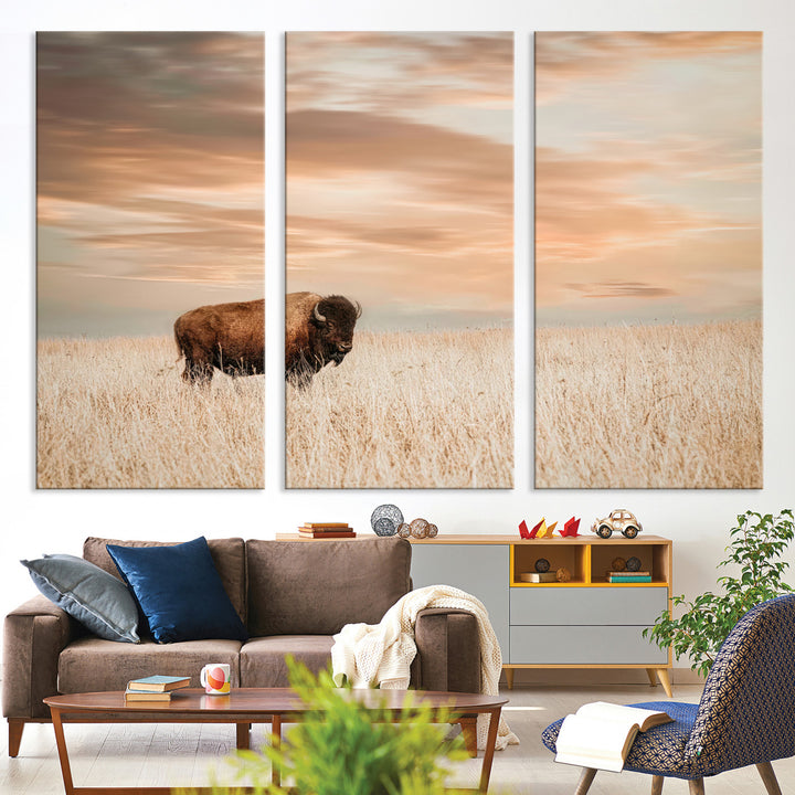 Bison Wall Art Canvas Print, Buffalo Print, Framed Western Prairie Art Print, Large Rustic Wildlife Printing Perfect for Rustic Decor