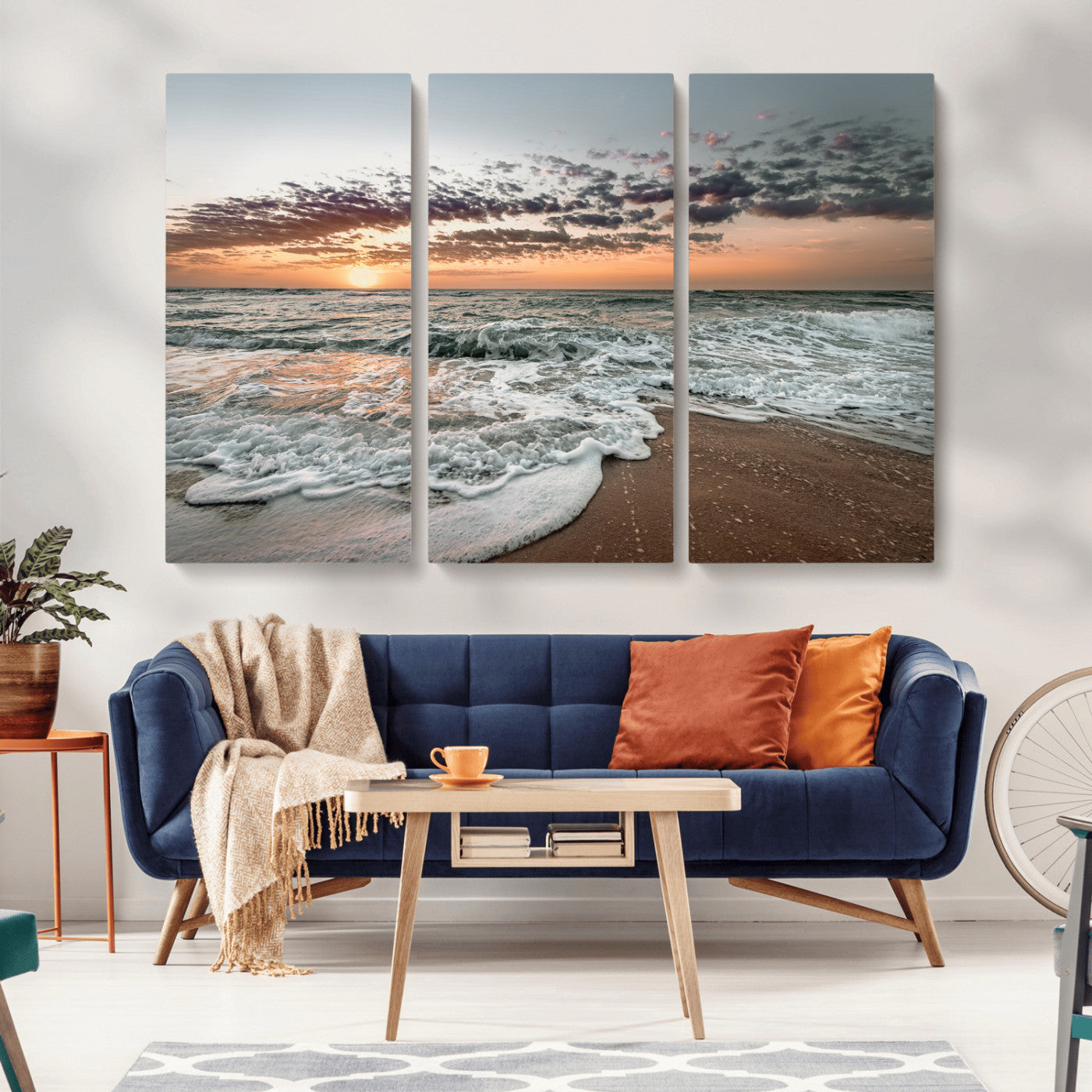 MGV-CV-48X32-3P - Ocean Sunset Wall Art Canvas Print, Framed Beach Waves Art Picture Print, Coastal Scene Perfect Coastal Decor Artwork