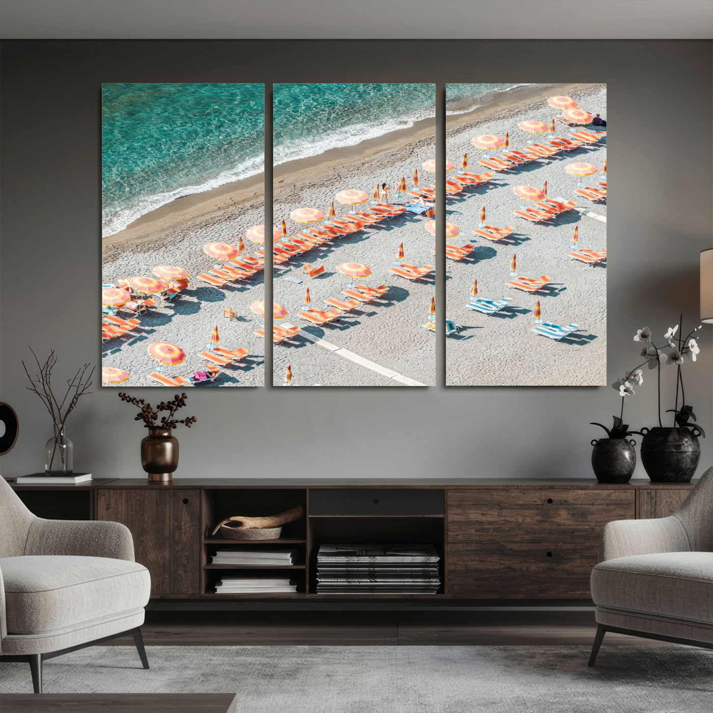 27805351-MGV-CV-36X24 - Beach Umbrellas Wall Art – Orange Loungers & Turquoise Water Canvas Print, Sandy Shore and Summer Vibes