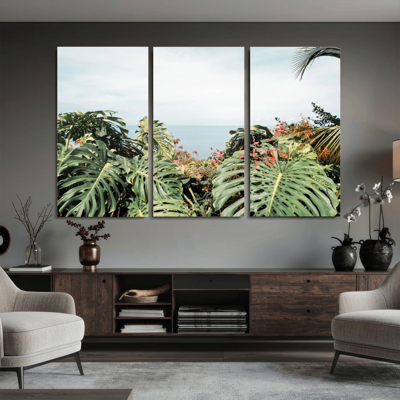 45700479-MGV-CV-36X24 - Tropical Greenery Wall Art – Exotic Leaves & Ocean View Canvas Print, Sunlit Paradise and Vibrant Nature for Living Room or Coastal Decor