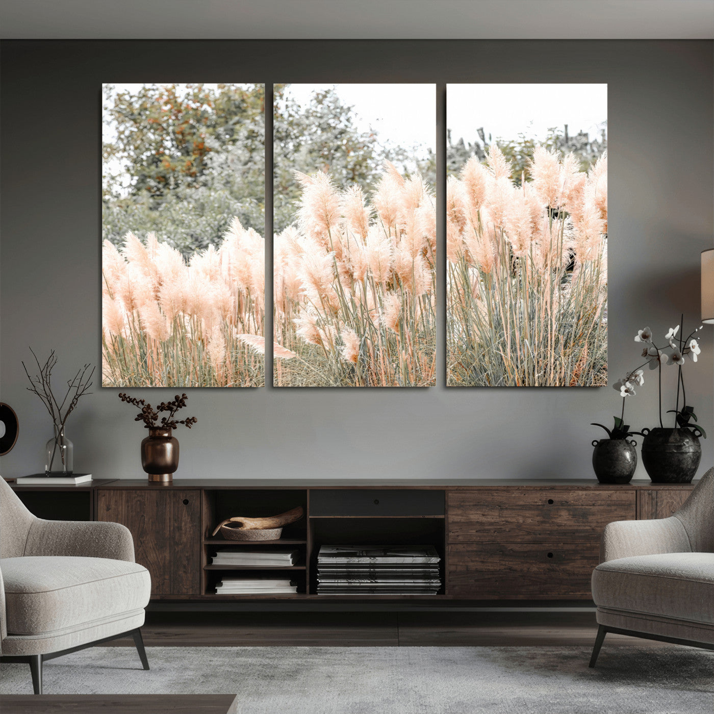 21826392-MGV-CV-36X24 - Pampas Grass Wall Art – Soft Blush Hues and Natural Texture Canvas Print, Serene Outdoors & Botanical Charm for Living Room or Nature Decor
