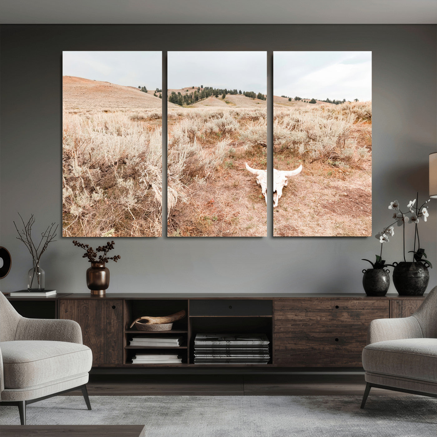 97234735-MGV-CV-36X24 - Desert Skull Wall Art – Arid Landscape & Sagebrush Canvas Print, Rustic Nature and Earth Tones for Living Room or Minimalist Decor