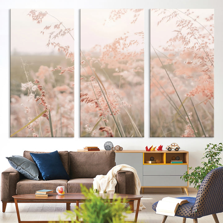 Pastel Grasses Wall Art Canvas Print, Soft Meadow Print, Framed Field in Breeze Art Print, Large Pink Meadow Printing Soft Pastel