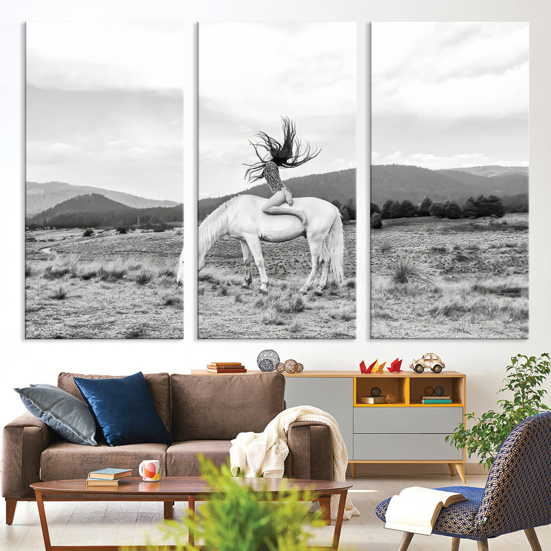 White Horse Wall Art Canvas Print, Woman Rider Print, Framed Equestrian Pose Art Print, Large Grazing Horse Printing Western Boho