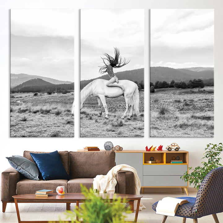 White Horse Wall Art Canvas Print, Woman Rider Print, Framed Equestrian Pose Art Print, Large Grazing Horse Printing Western Boho