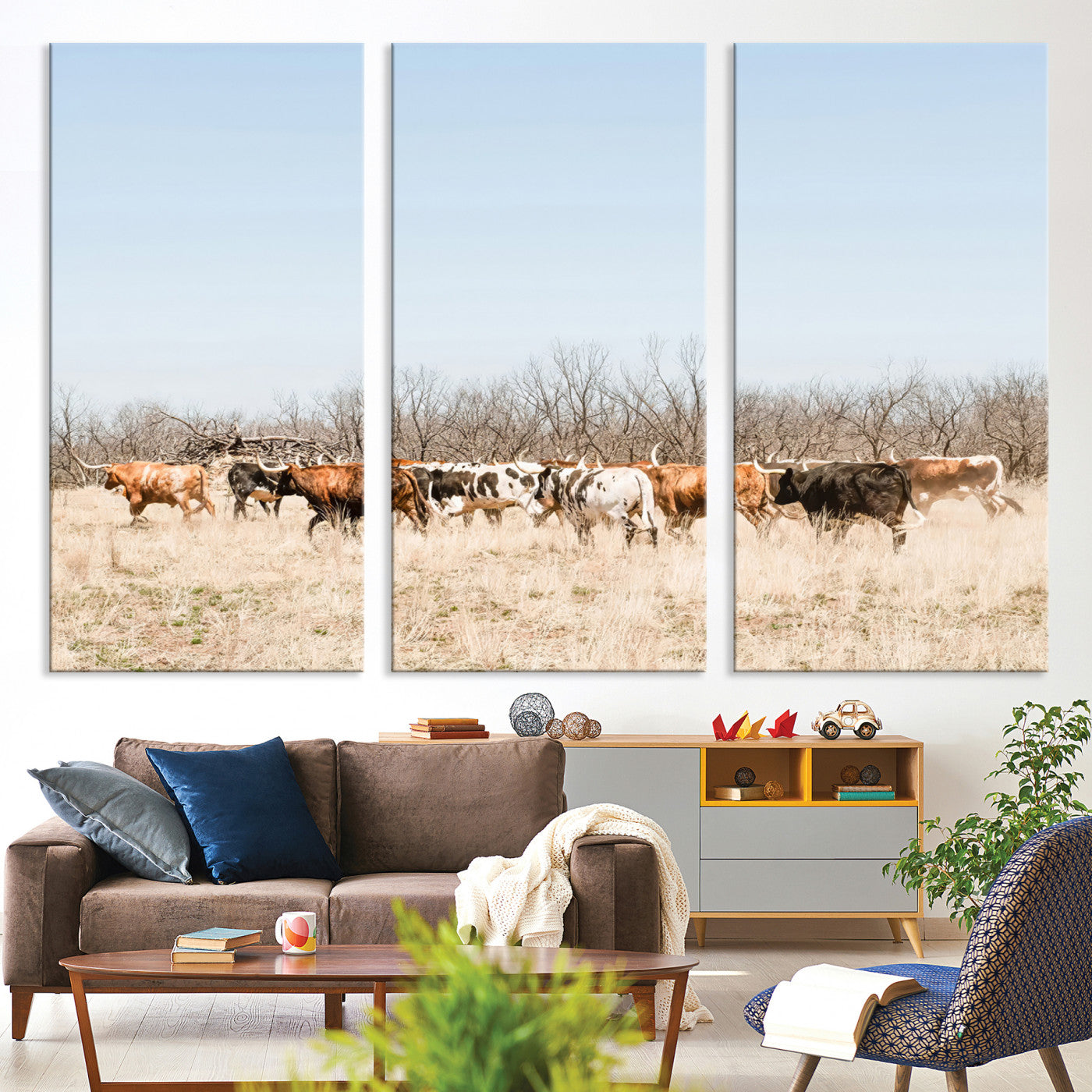 16563092-MGV-CV-36X24-Texas Longhorns Wall Art Canvas Print, Western Cattles Print Wall Art, Framed Rustic Herd Art Print, Large Country Cows Printing Rustic