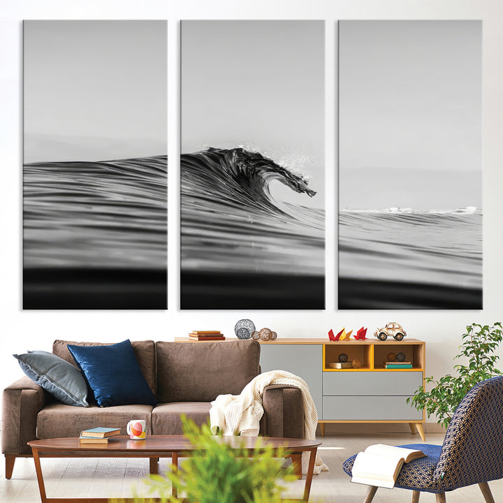 Black Wave Wall Art Canvas Print, Abstract Surf Print, Framed Minimalist Ocean Art Print, Large Black Water Printing Minimalist