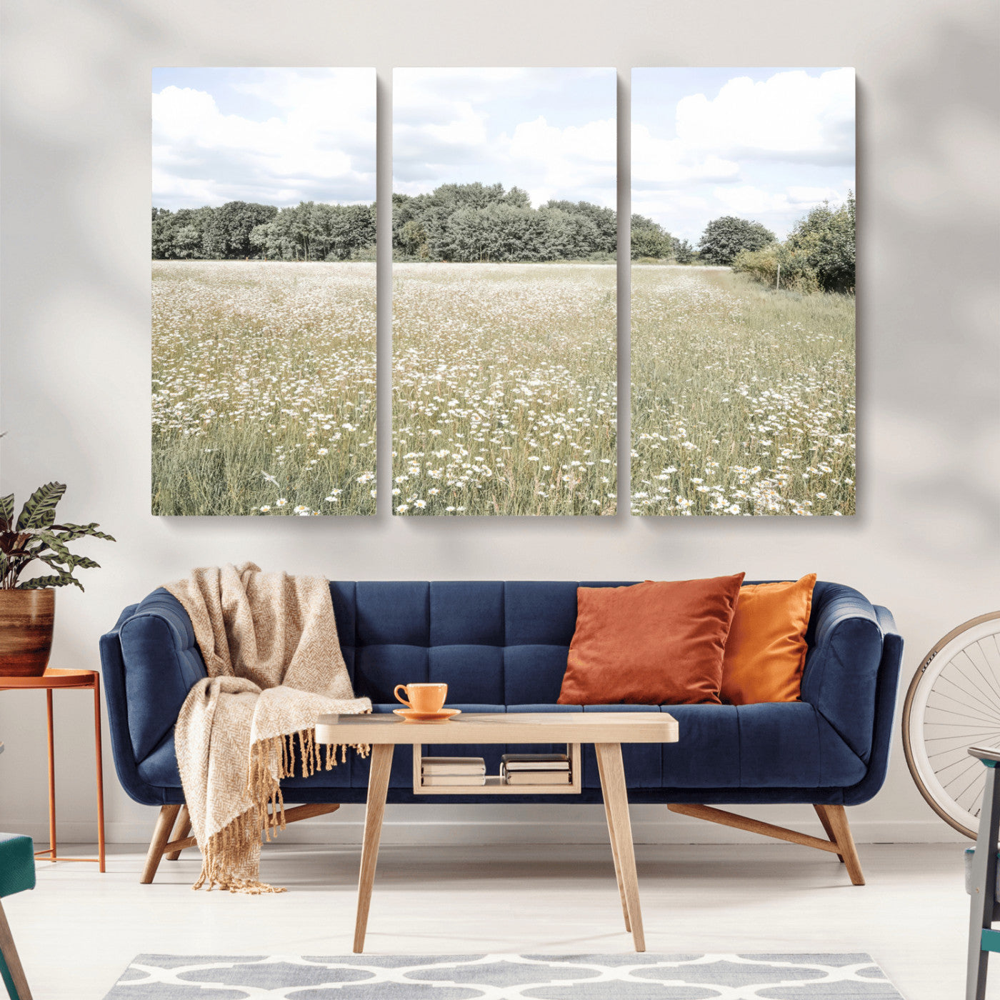 MGV-CV-48X32-3P - Charming Daisy Field Wall Art Canvas Print, Framed Pastel Flower Art Picture Print, Meadow Bloom Perfect Scandinavian Minimalist Decor Artwork