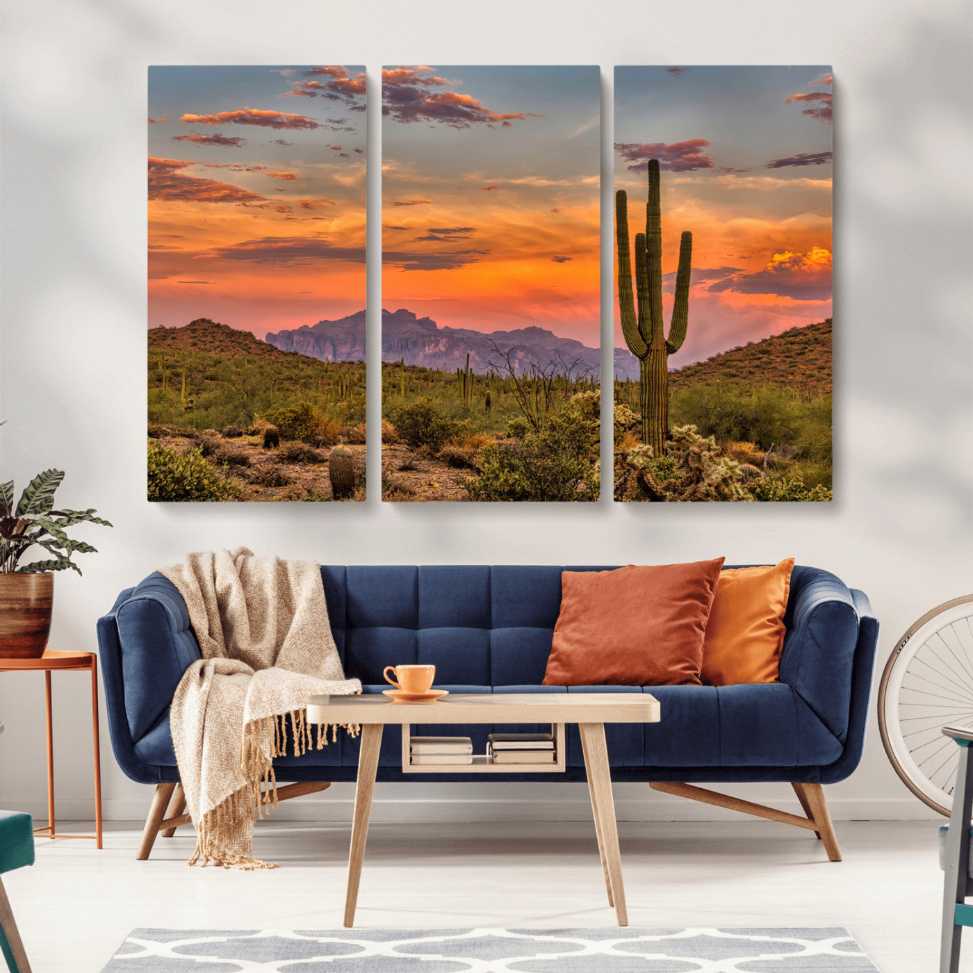 MGV-CV-48X32-3P - Saguaro Cactus Wall Art Canvas Print, Framed Arizona Sunset Art Picture Print, Sonoran Desert Perfect Southwestern Boho Decor Artwork