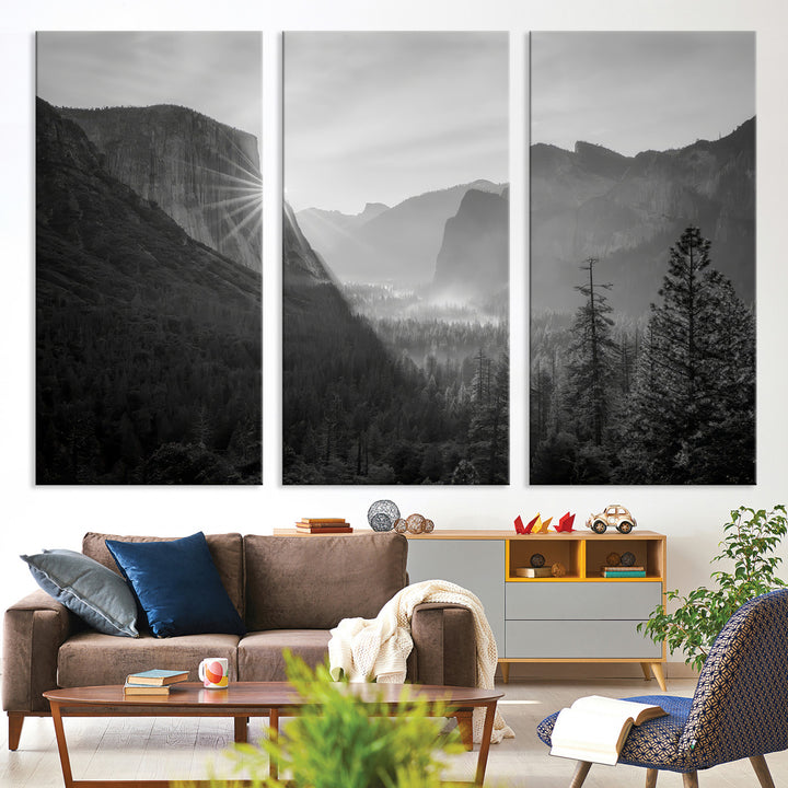 Yosemite Valley Wall Art Canvas Print, El Capitan Sunrise Print, Framed Misty Mountain Art Print, Large Monochrome Valley Printing