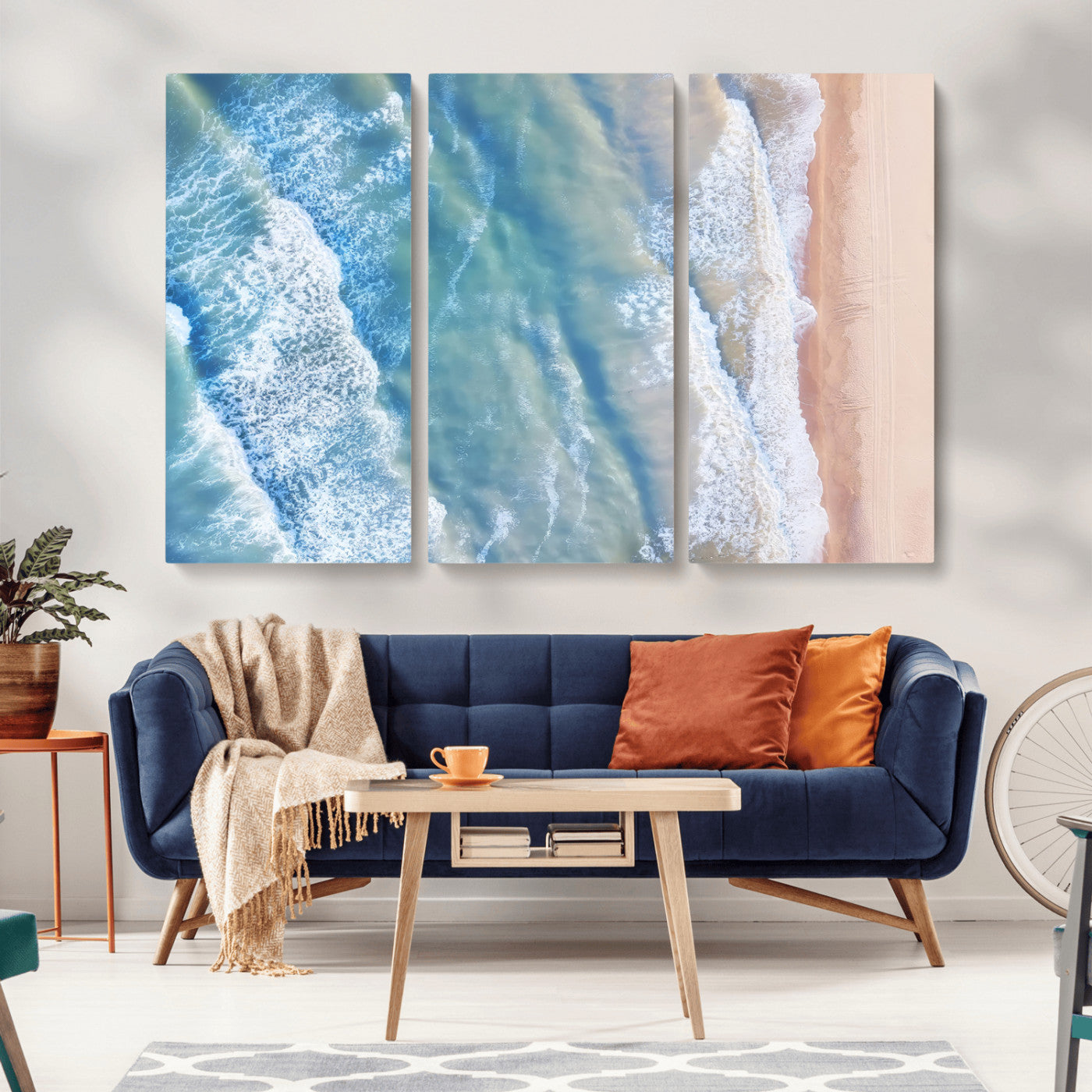 MGV-CV-48X32-3P - Aerial Ocean View Wall Art Canvas Print, Framed Soft Blue Waves Art Picture Print, Sandy Shoreline Perfect Modern Coastal Decor Artwork