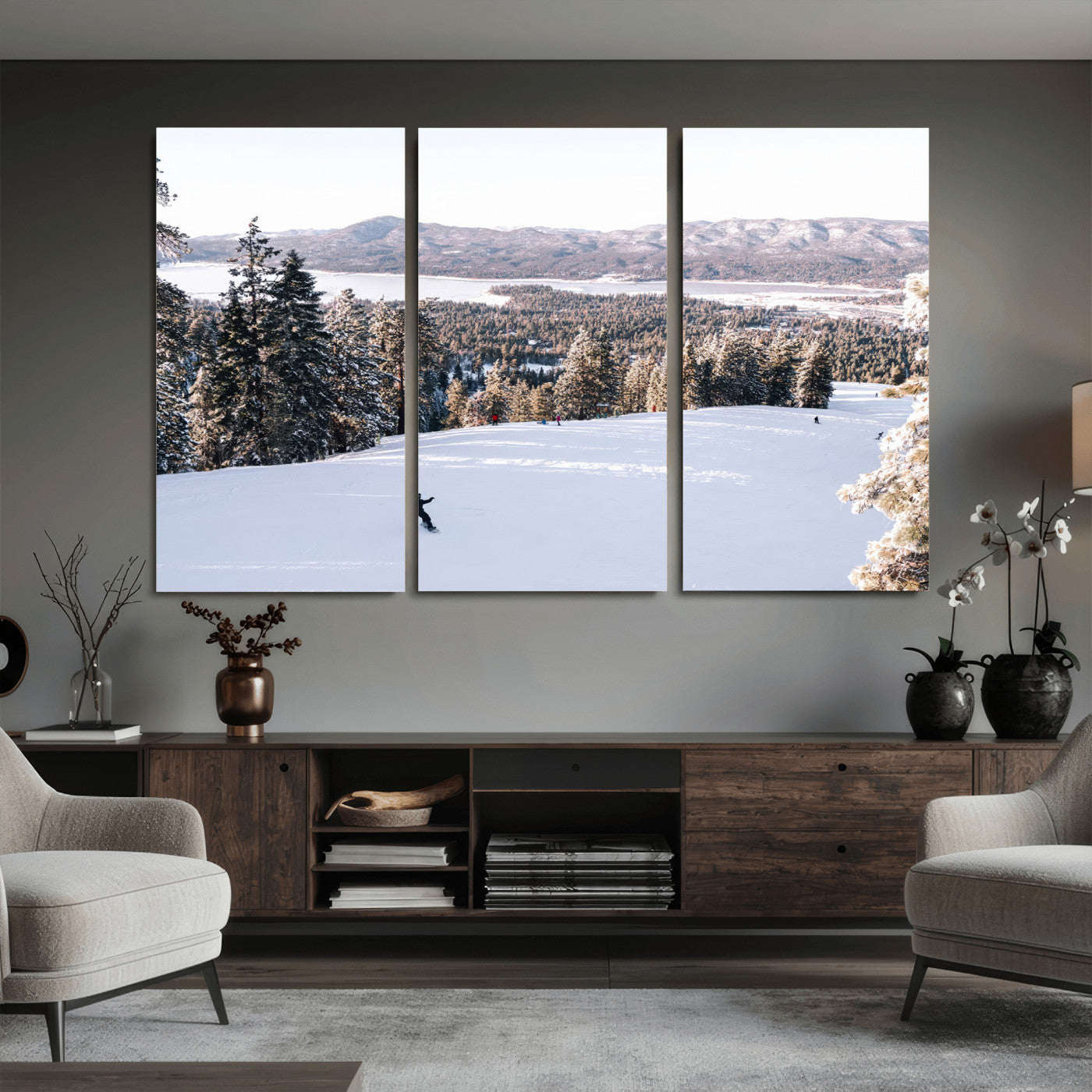 79857868-MGV-CV-36X24 - Snowboarder Wall Art – Winter Slope Canvas Print, Pine Forest, Snow-Covered Mountains, Outdoor Adventure for Living Room or Cabin Decor