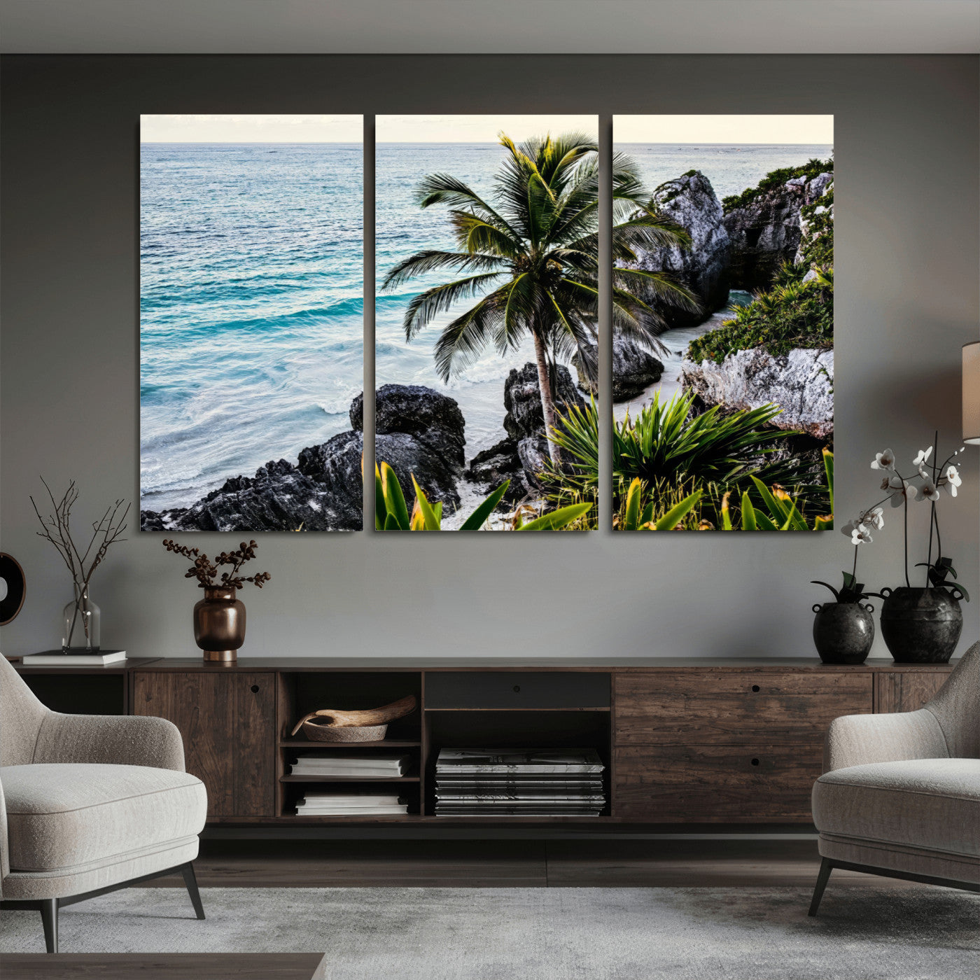 94669907-MGV-CV-36X24 - Tropical Palm Wall Art – Coastal Rocks Canvas Print, Ocean Breeze, Sandy Shore, Vibrant Green Foliage for Living Room or Beach House Decor