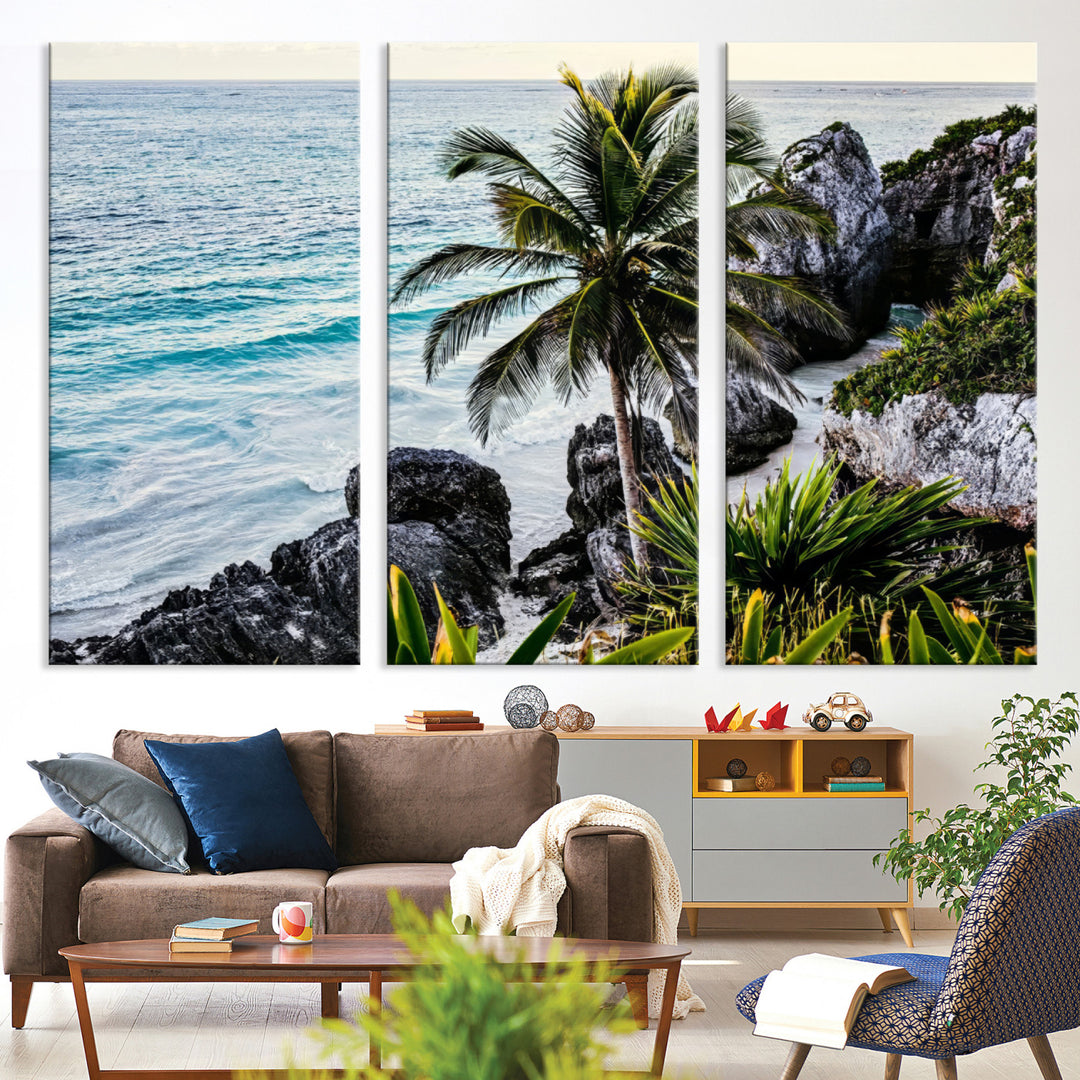 Framed canvas of a vibrant tropical coastline with palm trees, rocky cliffs, and turquoise waters, ideal for tropical coastal home decor.