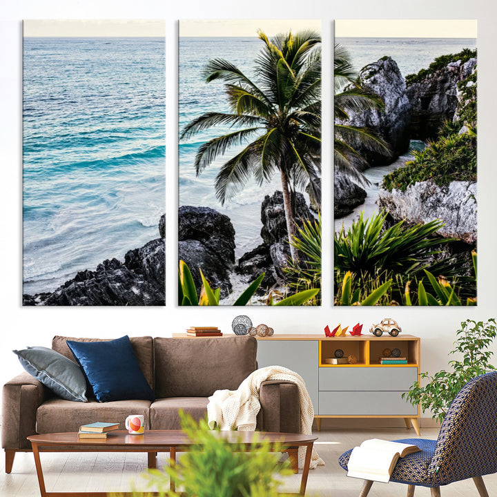 Framed canvas of a vibrant tropical coastline with palm trees, rocky cliffs, and turquoise waters, ideal for tropical coastal home decor.