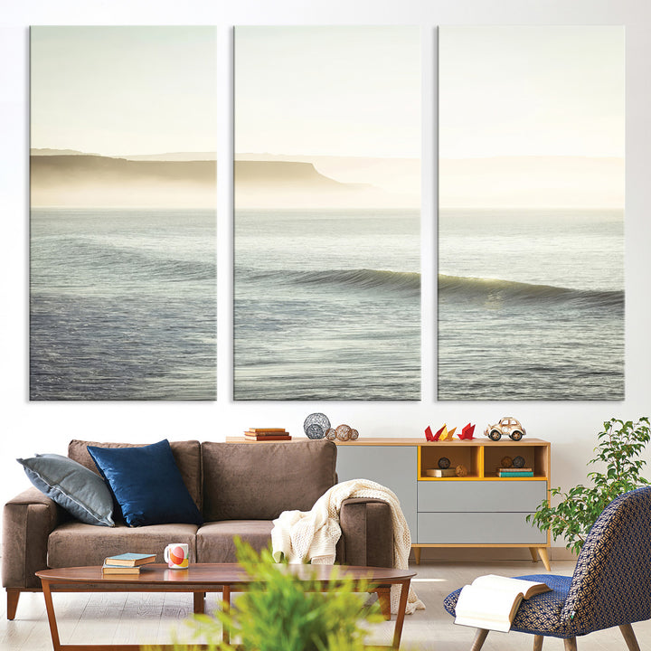 Canvas of a misty ocean scene with coastal cliffs and soft neutral tones, ideal for Scandinavian coastal or minimalist nature-inspired home decor.