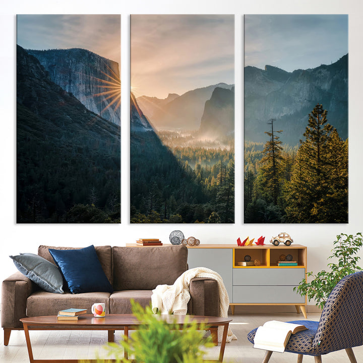 Canvas of Yosemite Valley at sunrise with dramatic rays and earthy tones, perfect for vintage explorer or wilderness-themed home decor.