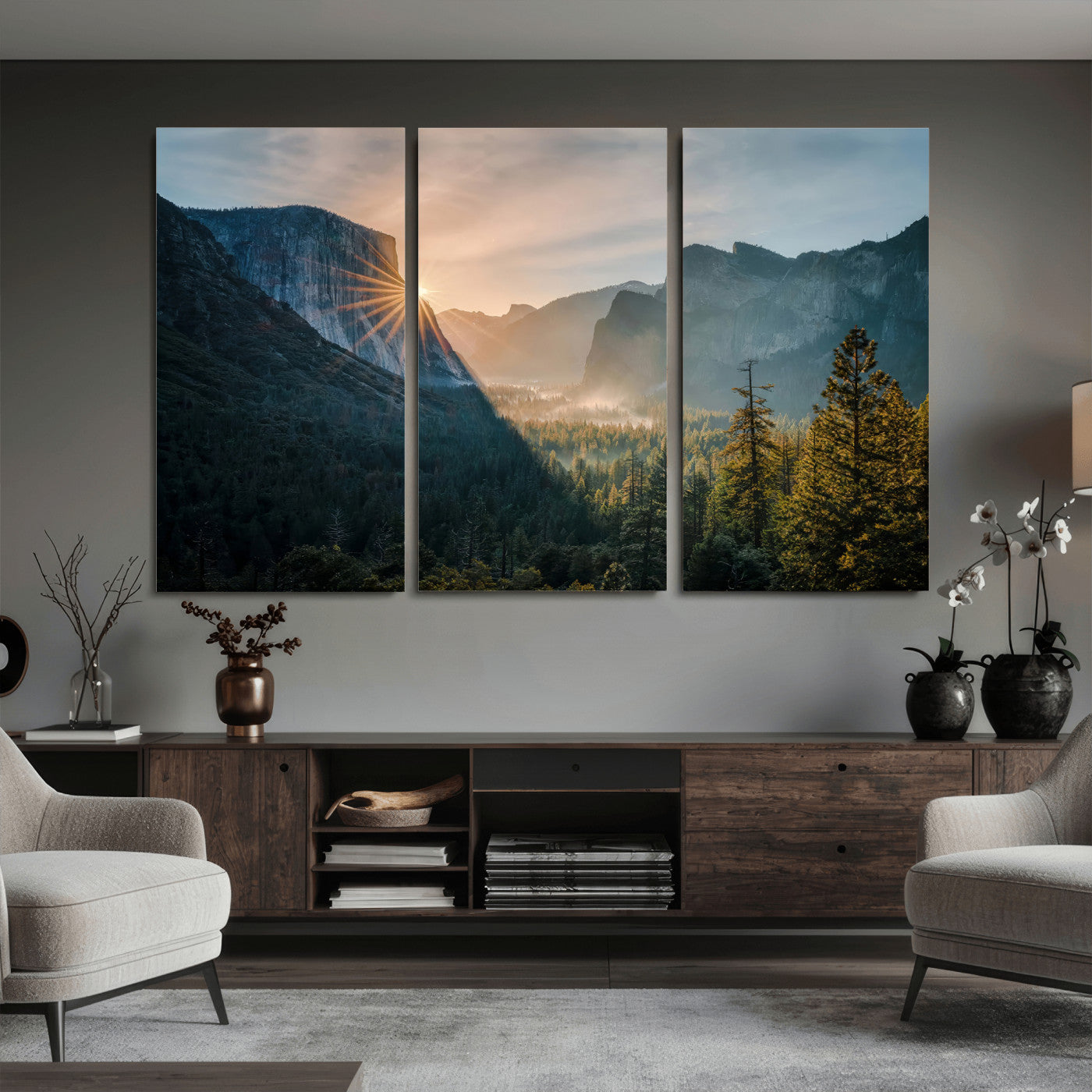 51605481-MGV-CV-36X24 - Yosemite Valley Wall Art – Misty Forest Peaks Canvas Print, Radiant Light, Tranquil Nature Landscape for Living Room or Cabin Decor