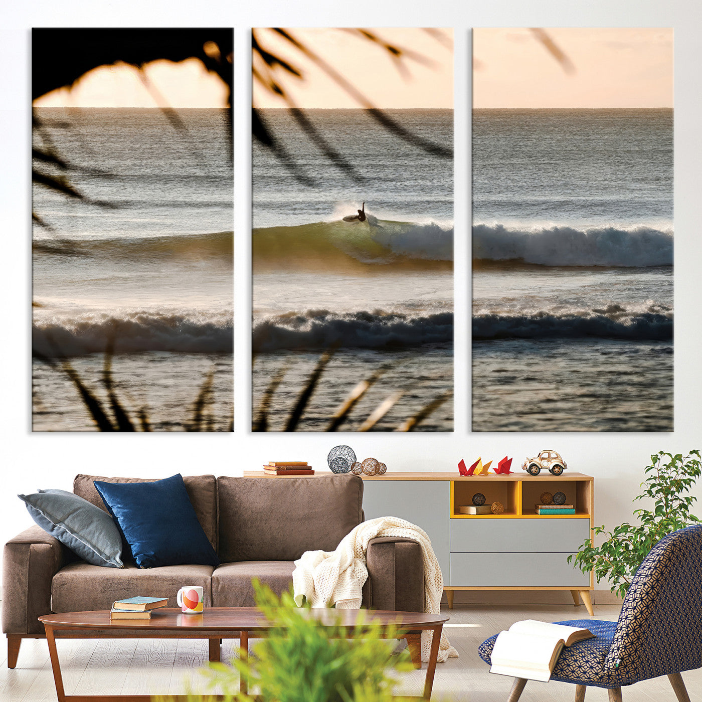 24896468-MGV-CV-36X24-Sunset Surf Wall Art Canvas Print, Framed Golden Hour Art Picture Print, Waves Perfect Boho Decor, Framed Sunset Surf Canvas