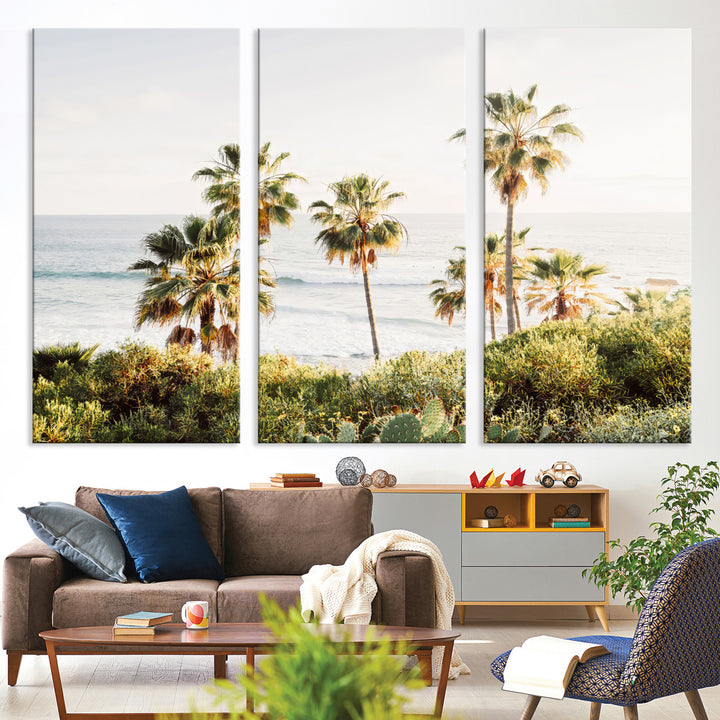 Framed print of sunlit palm trees on the California coast with warm tones, perfect for coastal minimalist or beach-style home decor.