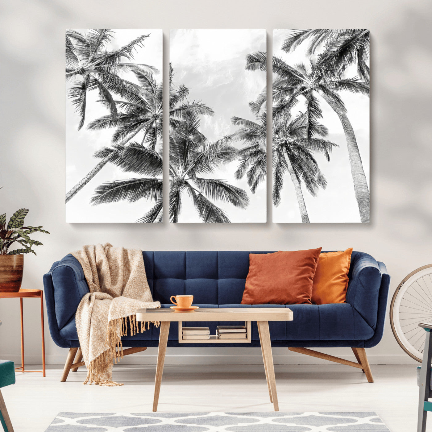MGV-CV-48X32-3P - Black White Palm Wall Art Canvas Print, Framed Monochrome Tropics Art Picture Print, Minimalist Beach Perfect Coastal Minimalist Decor Artwork