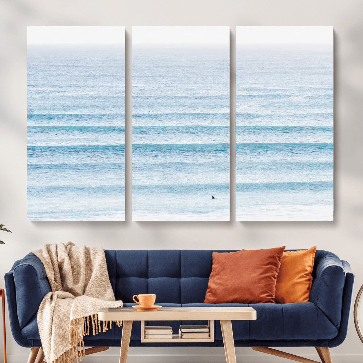 77145995-MGV-CV-36X24-Ocean Wave Surfer Wall Art – Framed Minimal Seascape Canvas Artwork, Calm Blue Water Design, Coastal Decor for Home, Office