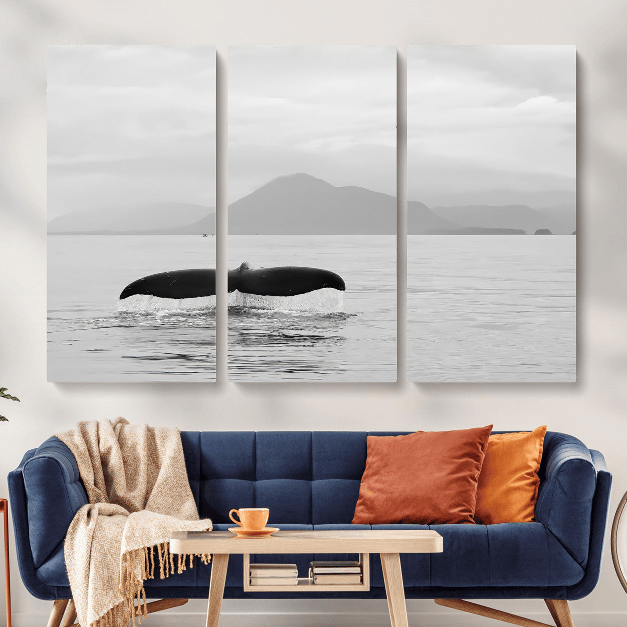 MGV-CV-48X32-3P - Whale Tail Wall Art Canvas Print, Framed Black White Ocean Art Picture Print, Calm Marine Perfect Minimalist Coastal Decor Artwork