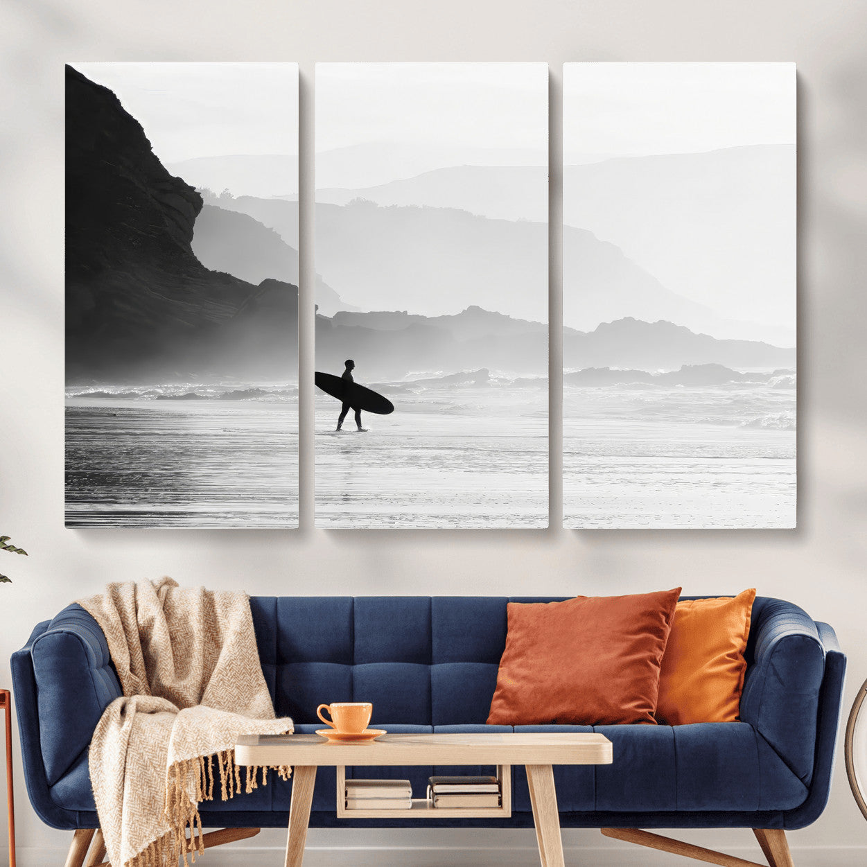 MGV-CV-48X32-3P - Surfer In Fog Wall Art Canvas Print, Framed Moody Shoreline Art Picture Print, Cliffside Waves Perfect Minimalist Coastal Decor Artwork