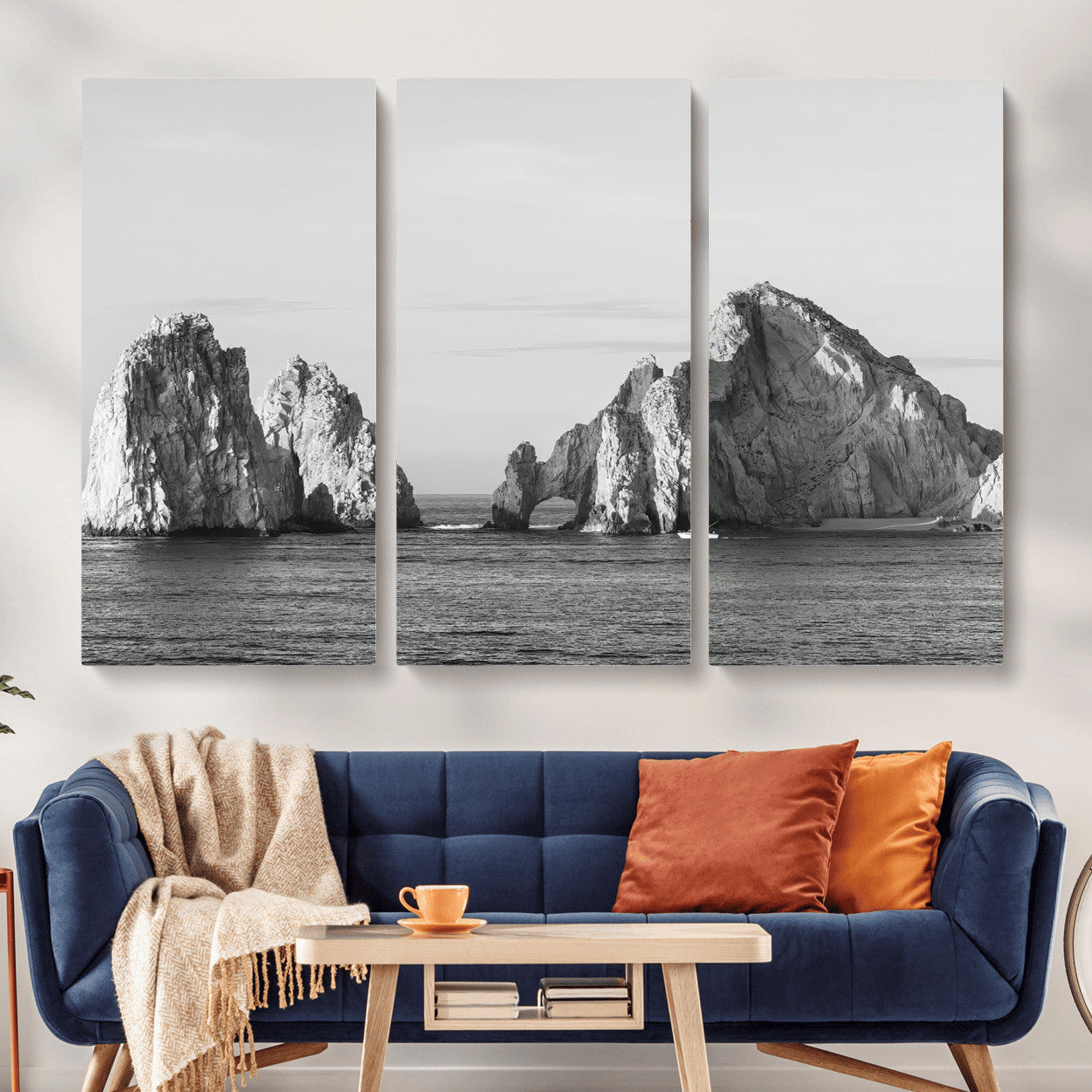 MGV-CV-48X32-3P - Rugged Coastline Wall Art Canvas Print, Framed Ocean Cliffs Art Picture Print, Monochrome Seascape Perfect Coastal Minimalist Decor Artwork