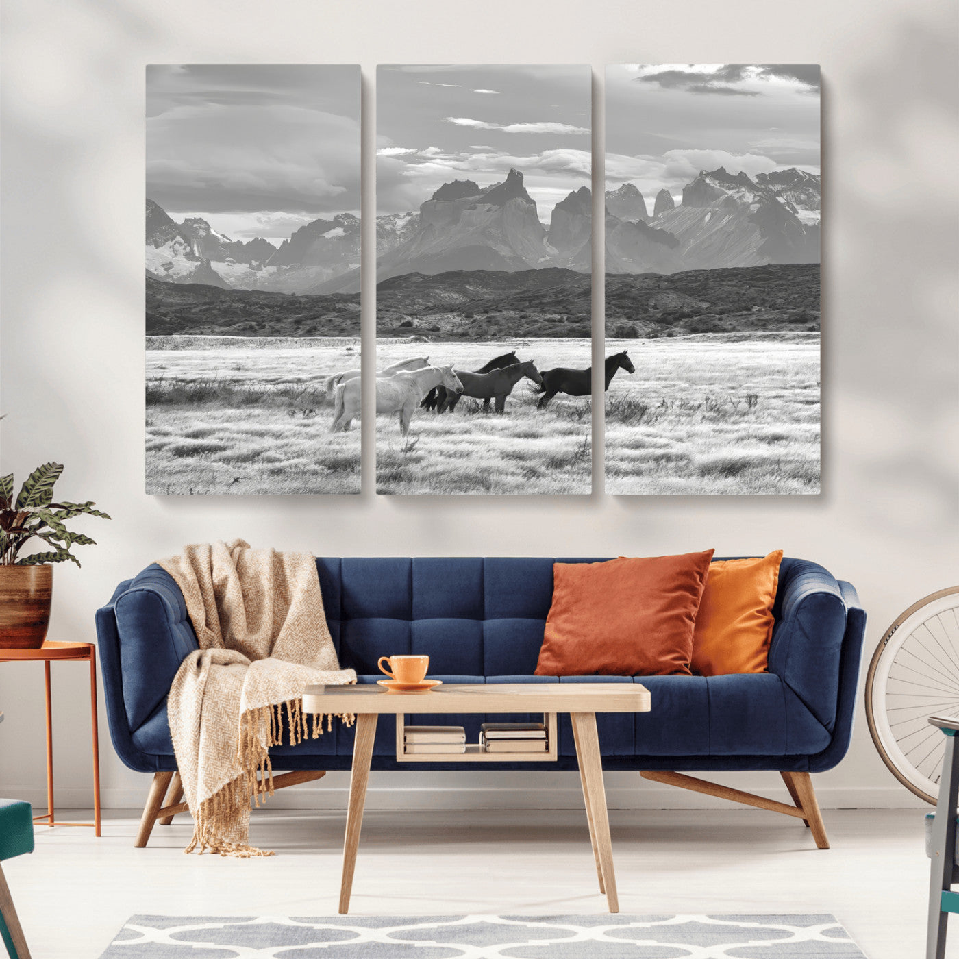 MGV-CV-48X32-3P - Wild Horses Wall Art Canvas Print, Framed Black White Mountains Art Picture Print, Rustic Countryside Perfect Rustic Western Decor Artwork