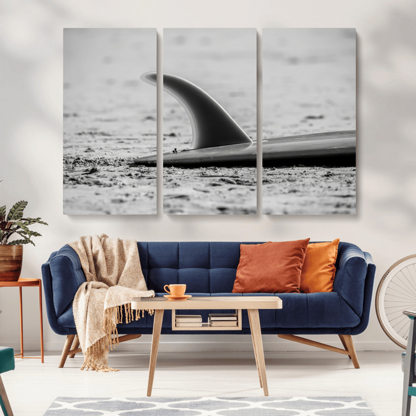 MGV-CV-48X32-3P - Black White Surfboard Wall Art Canvas Print, Framed Minimalist Beach Art Picture Print, Surf Fin Perfect Minimalist Coastal Decor Artwork