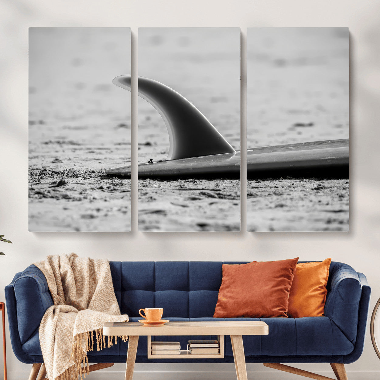 MGV-CV-48X32-3P - Black White Surfboard Wall Art Canvas Print, Framed Minimalist Beach Art Picture Print, Surf Fin Perfect Minimalist Coastal Decor Artwork