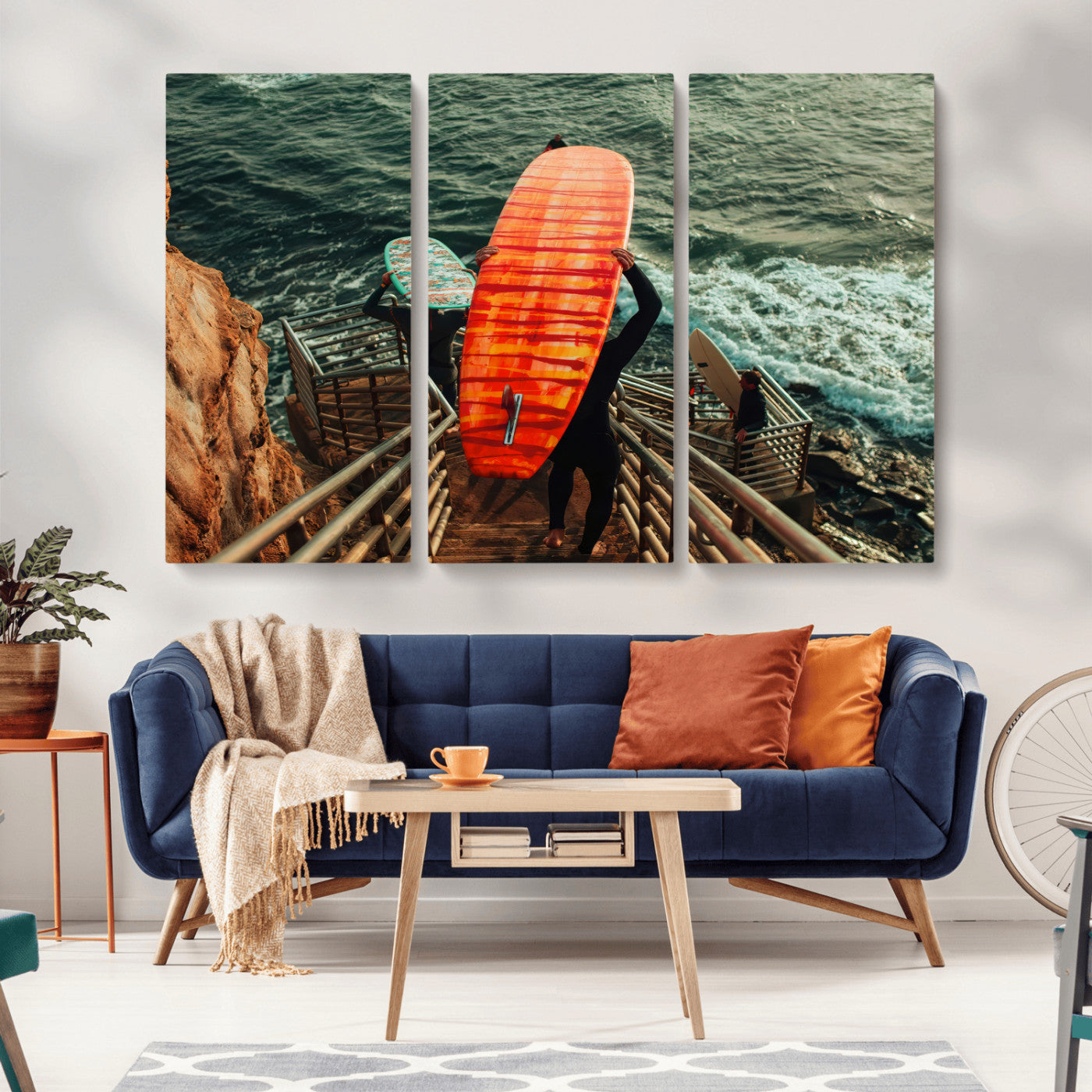 MGV-CV-48X32-3P - Surfer Stairway Wall Art Canvas Print, Framed Ocean Surf Art Picture Print, Sunset Coastal Perfect Coastal Adventure Decor Artwork