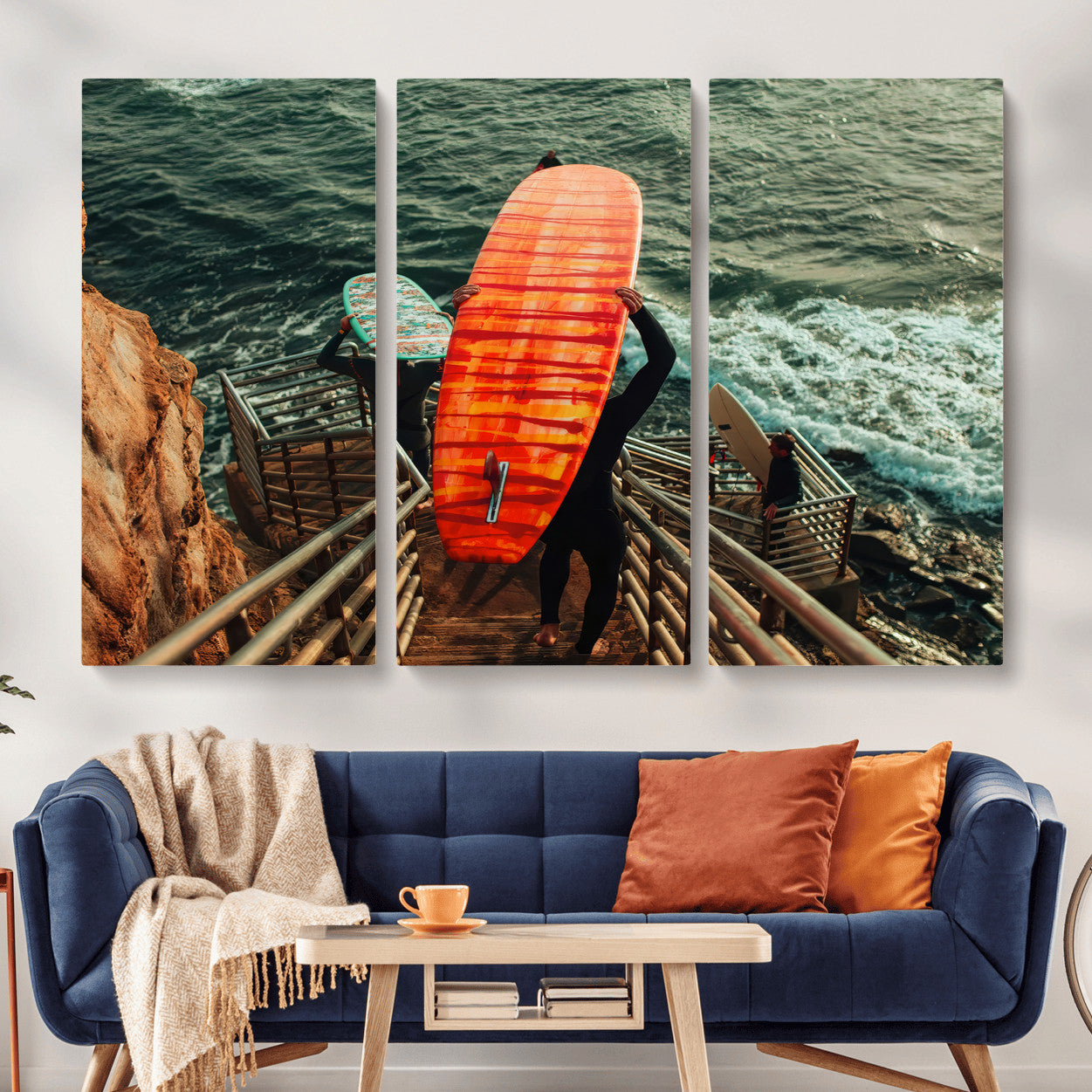 MGV-CV-48X32-3P - Surfer Stairway Wall Art Canvas Print, Framed Ocean Surf Art Picture Print, Sunset Coastal Perfect Coastal Adventure Decor Artwork
