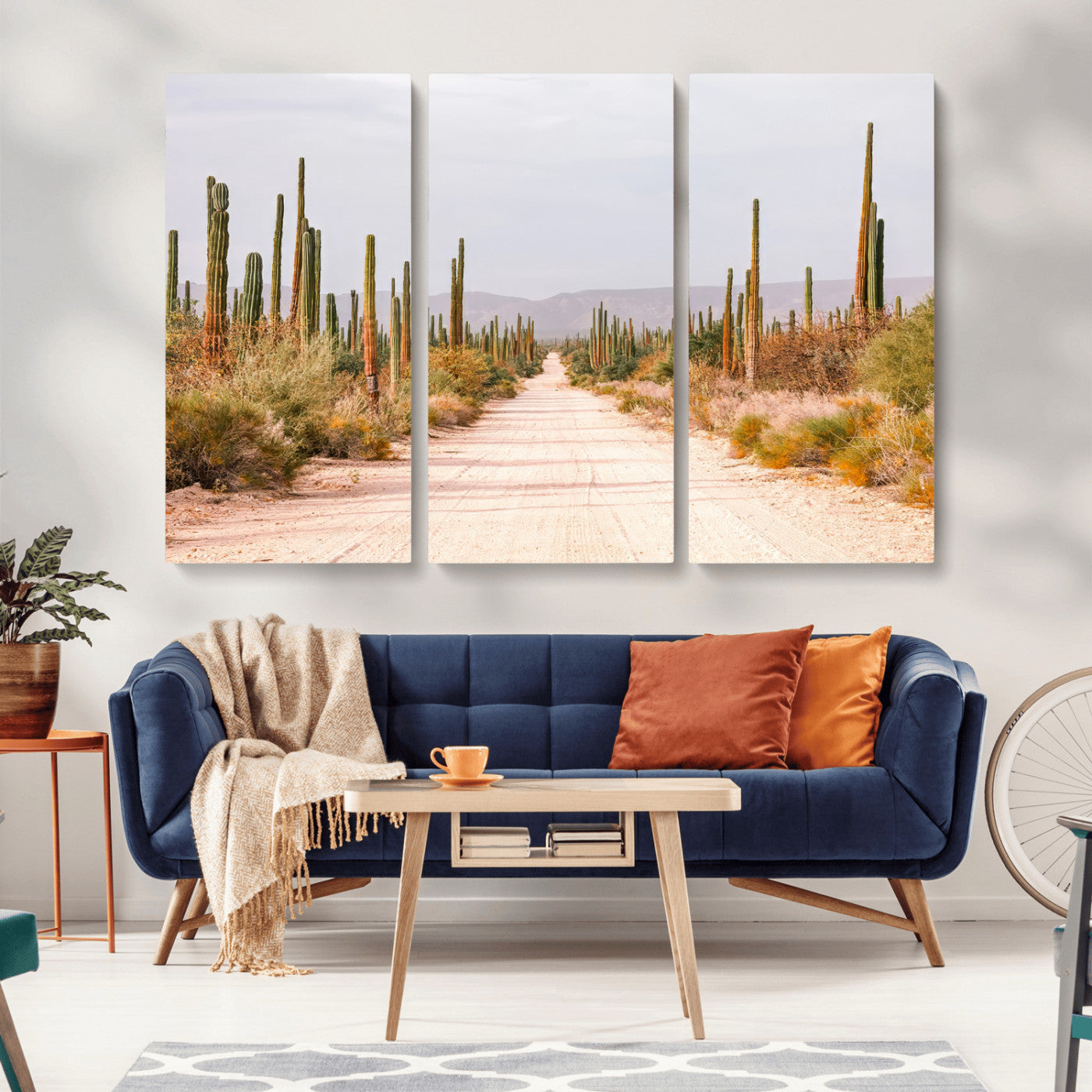 MGV-CV-48X32-3P - Desert Cactus Lined Road Wall Art Canvas Print, Framed Southwestern Landscape Art Picture Print, Bohemian Western Aesthetic Perfect Southwestern Boho Decor Artwork