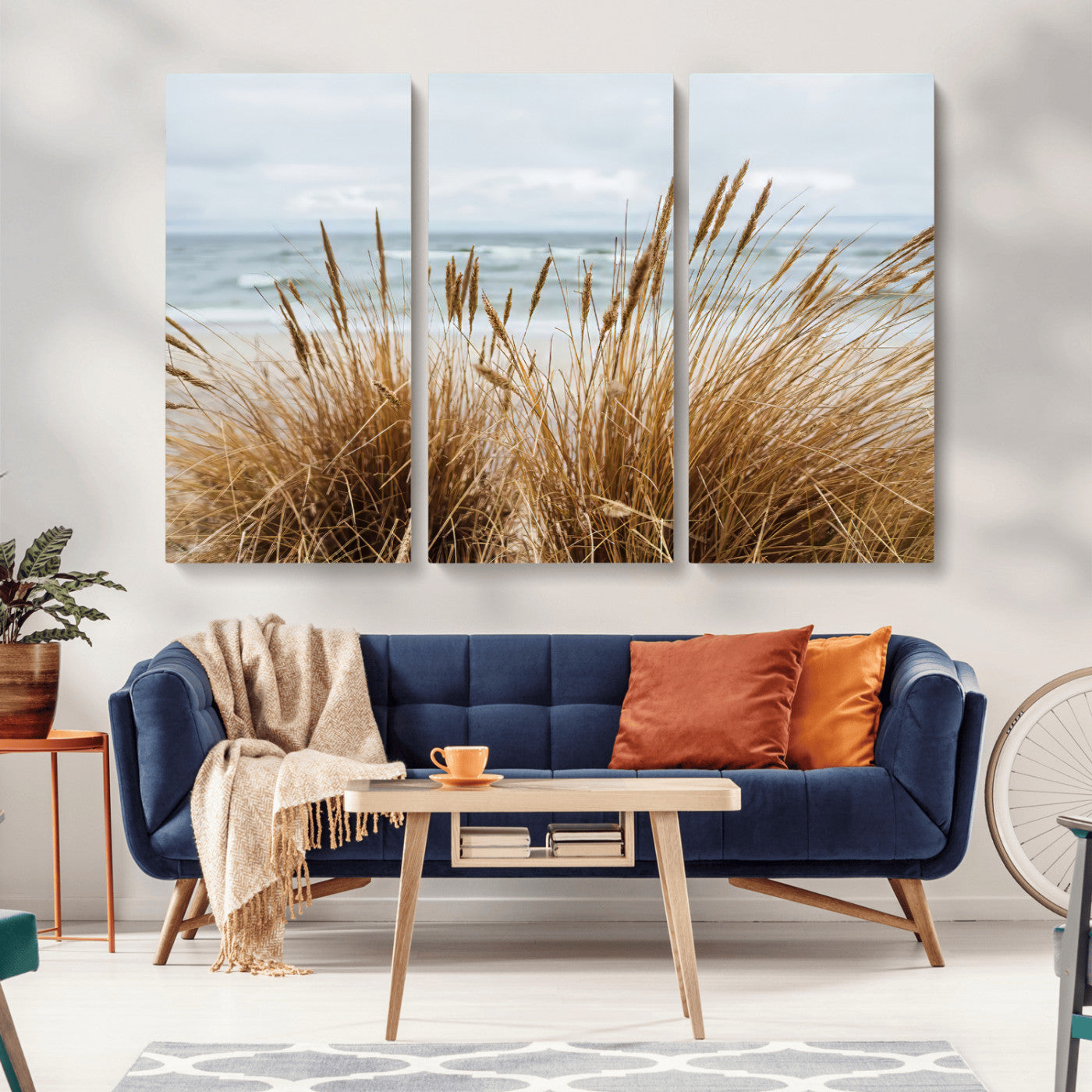 MGV-CV-48X32-3P - Beach Grass Wall Art Canvas Print, Framed Coastal Dunes Art Picture Print, Dune Grass Perfect Coastal Minimalist Decor Artwork