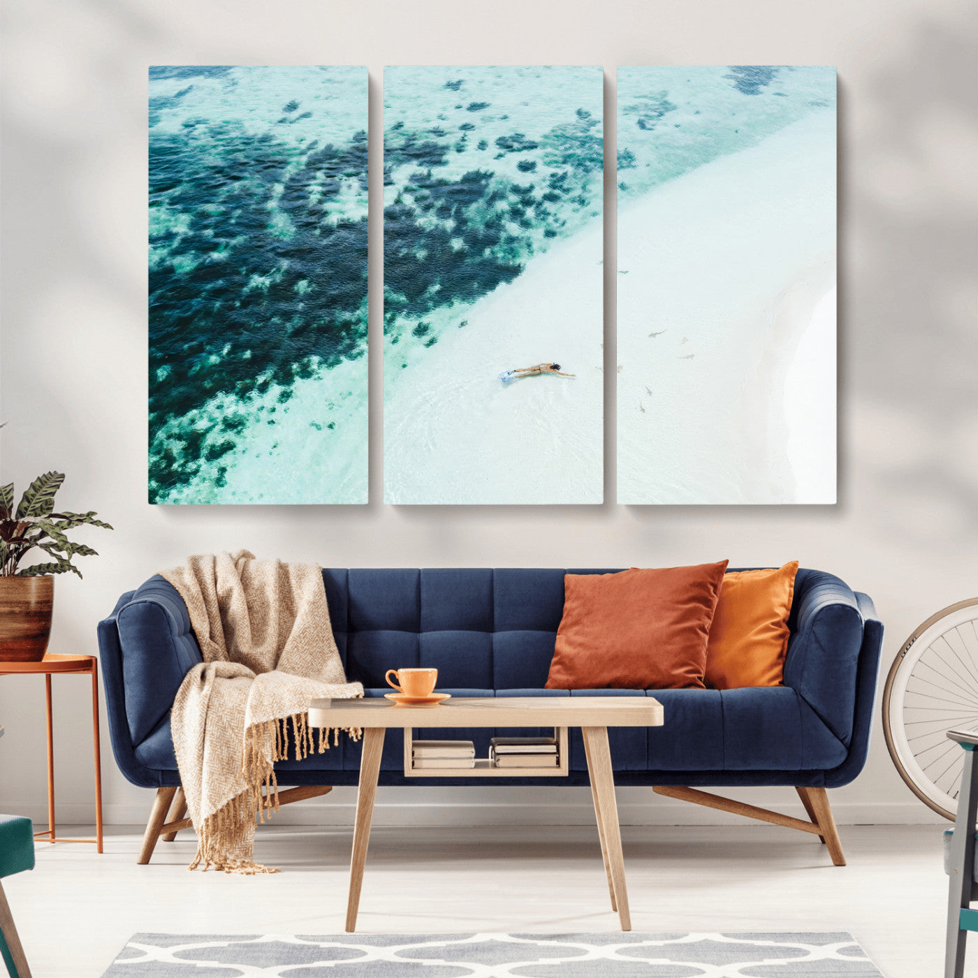 MGV-CV-48X32-3P - Minimal Beach Wall Art Canvas Print, Framed Ocean Swimming Art Picture Print, Clear Ocean Perfect Minimal Coastal Decor Artwork