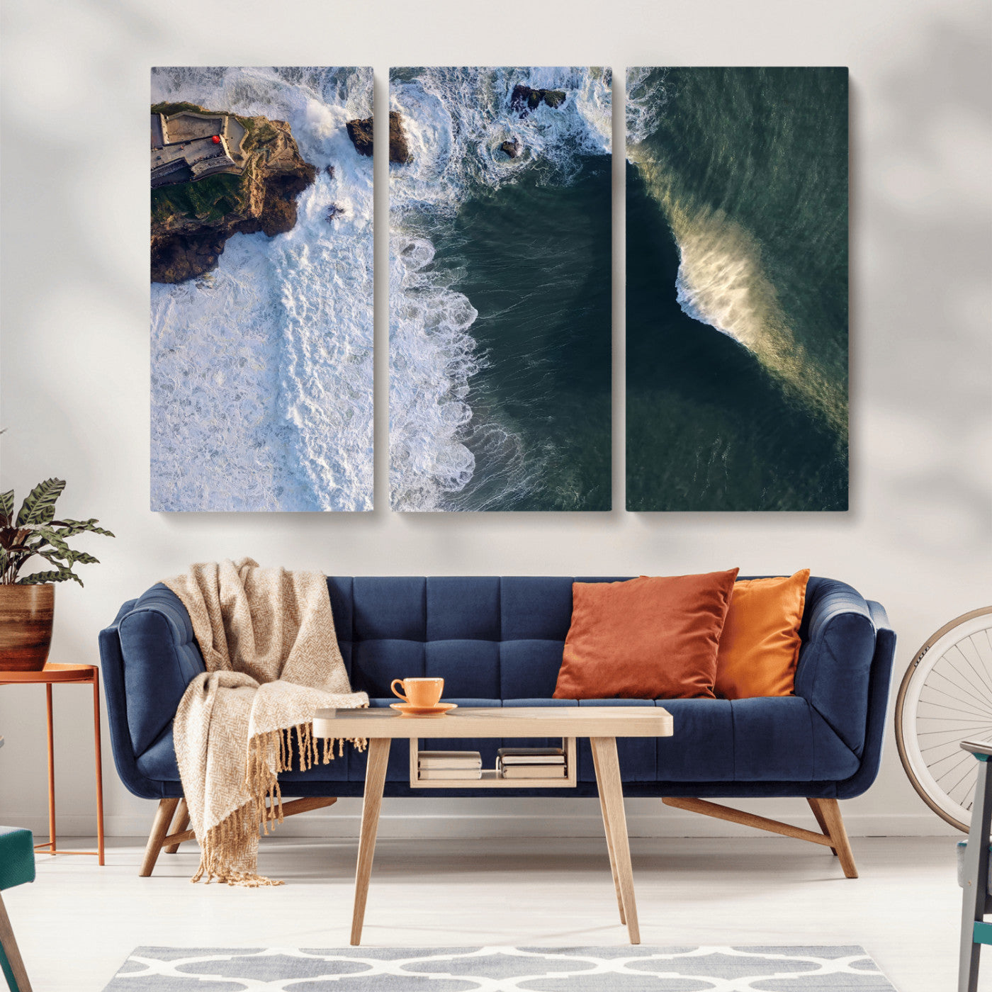MGV-CV-48X32-3P - Nazaré Coast Wall Art Canvas Print, Framed Aerial Ocean Art Picture Print, Coastal Fortress Perfect Dramatic Coastal Decor Artwork