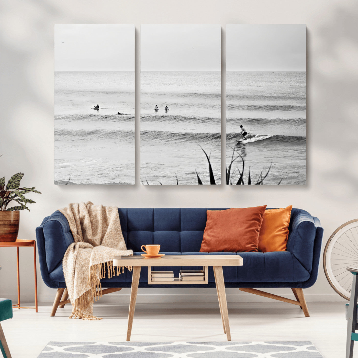 MGV-CV-48X32-3P - Surfer Silhouette Wall Art Canvas Print, Framed Calm Ocean Art Picture Print, Monochrome Surf Perfect Minimalist Coastal Decor Artwork