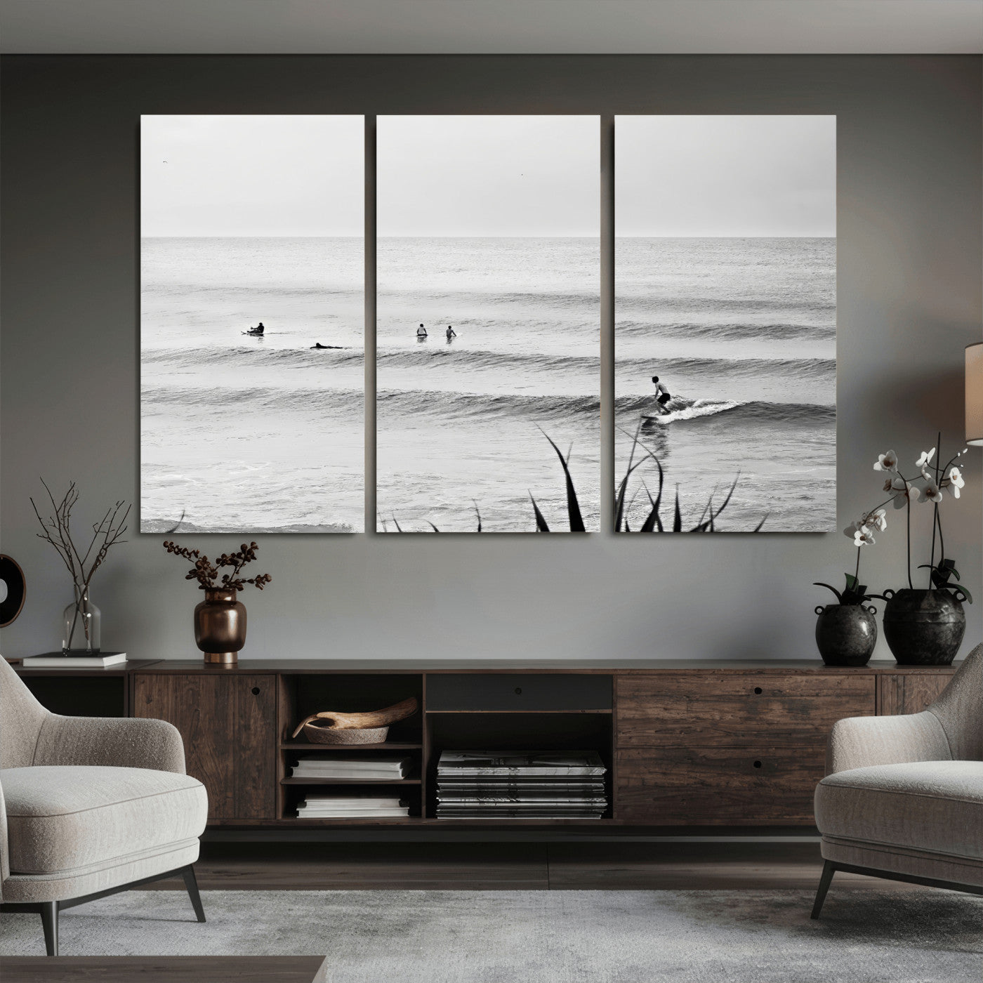 33821421-MGV-CV-36X24 - Surfer Silhouette Wall Art Canvas Print, Framed Calm Ocean Art Picture Print, Monochrome Surf Minimalist Coastal Decor Artwor