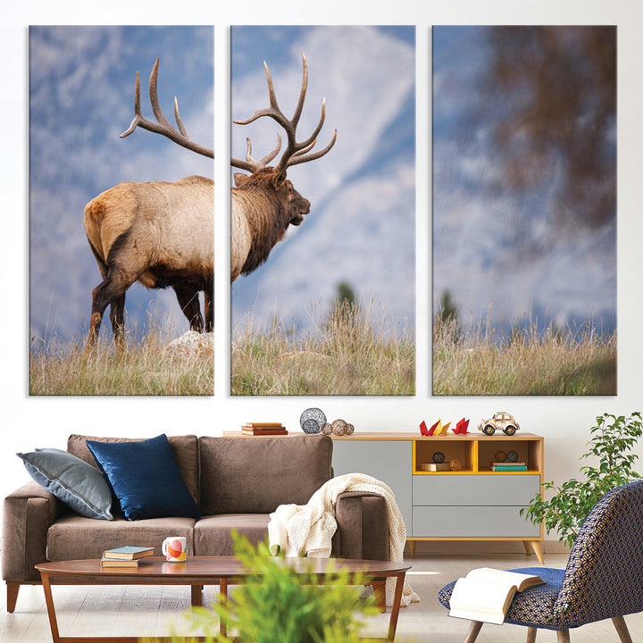 Rustic Elk Wall Art Canvas Print, Wildlife Antler Print, Framed Western Hunting Lodge Art Print