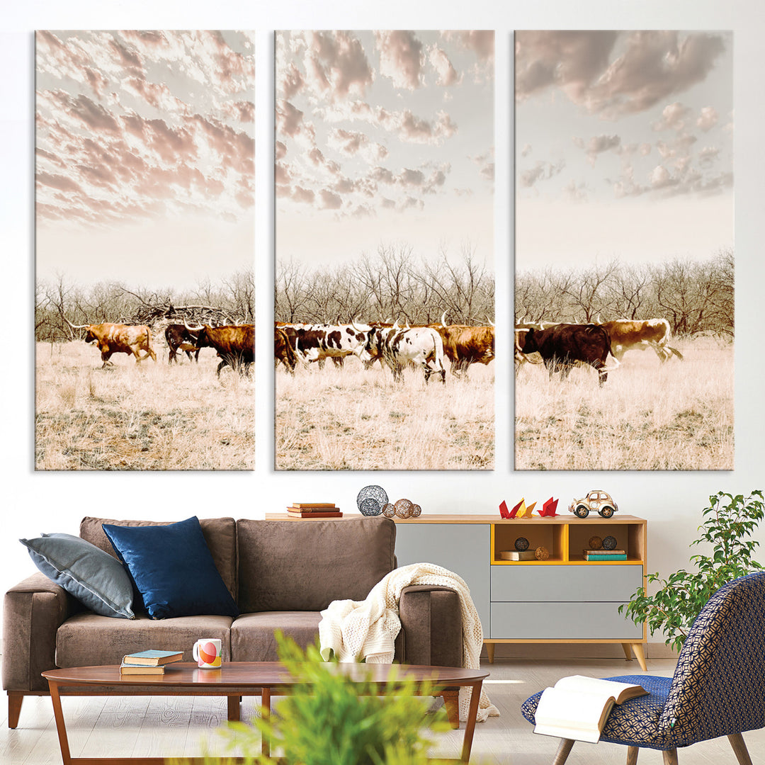 Longhorn Cattle Wall Art Canvas Print, Texas Ranch Print, Framed Western Cow Art Print, Large Prairie Landscape Printing Perfect for Western Decor