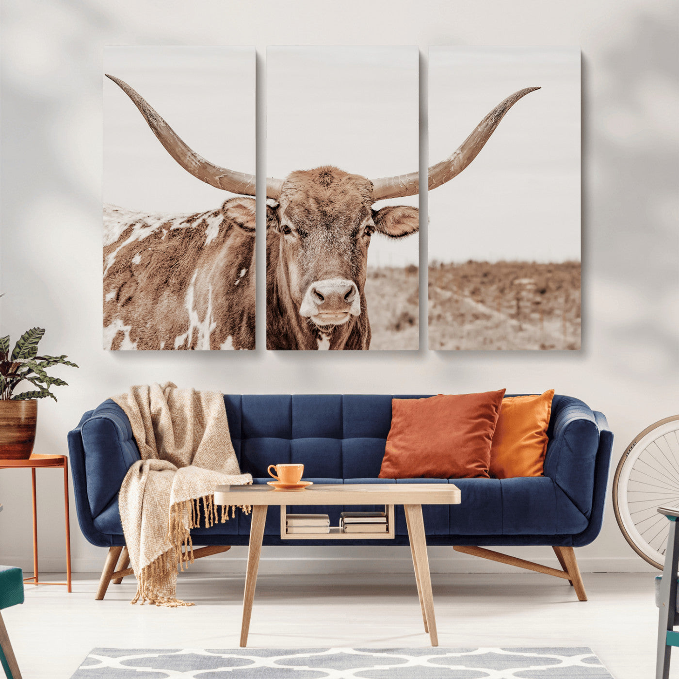 MGV-CV-48X32-3P - Longhorn Cow Wall Art Canvas Print, Framed Texas Ranch Art Picture Print, Western Bull Perfect County Decor Artwork