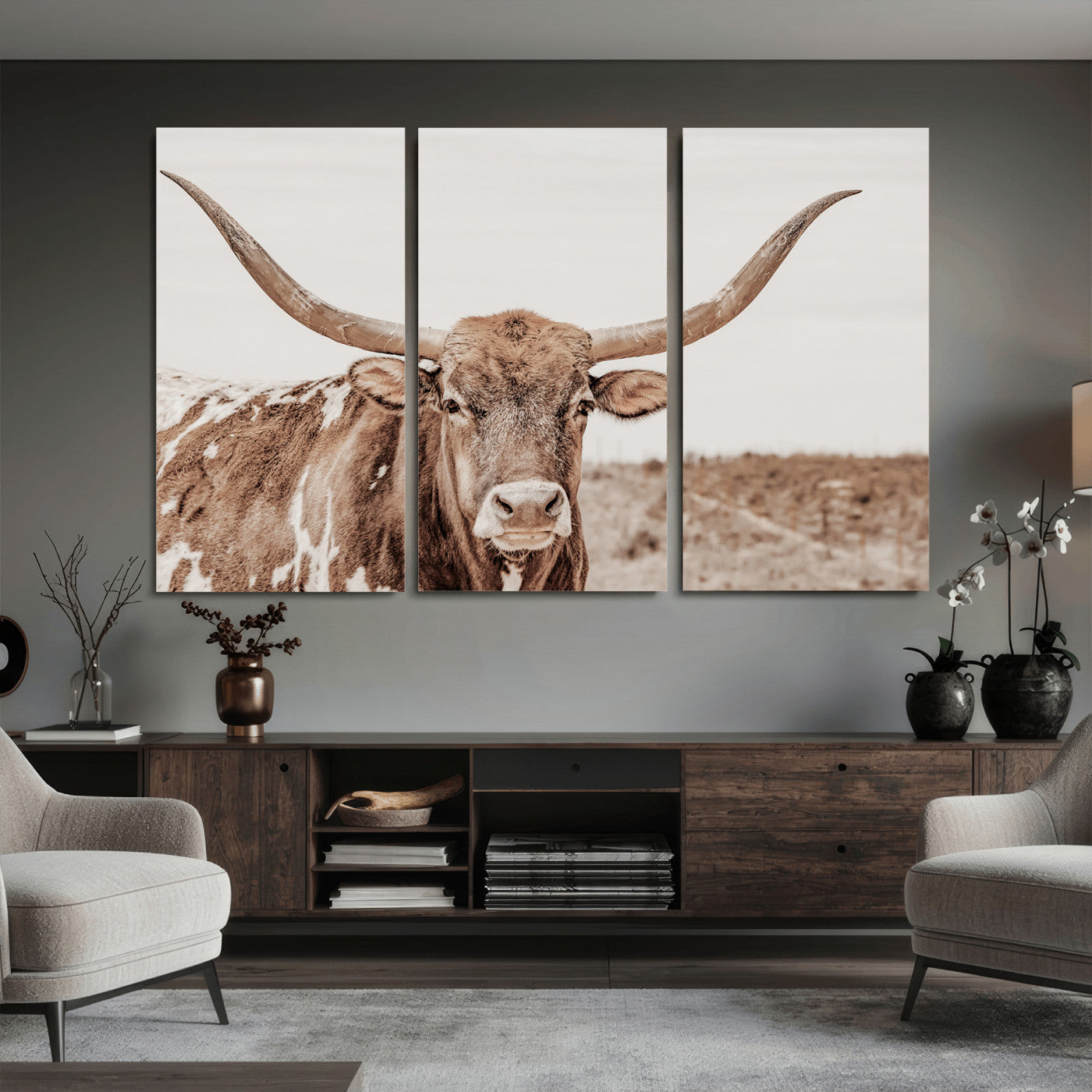 39964150-MGV-CV-36X24 - Longhorn Cow Wall Art Canvas Print, Texas Ranch Print, Framed Western Bull Art Print, Large BigHorn Cowboy Printing Perfect for County Decor