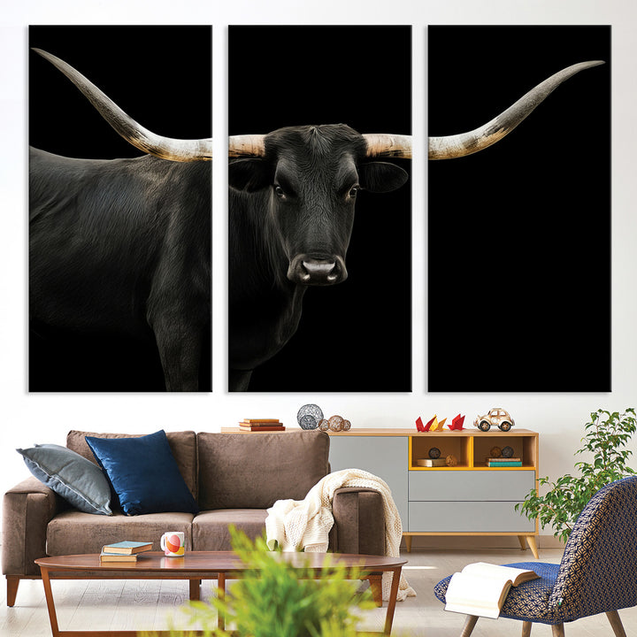 Black White Longhorn Bull Wall Art Canvas Print, Texas Ranch Print, Framed Western Cow Art Print for Farmhouse Decor - Longhorn Print