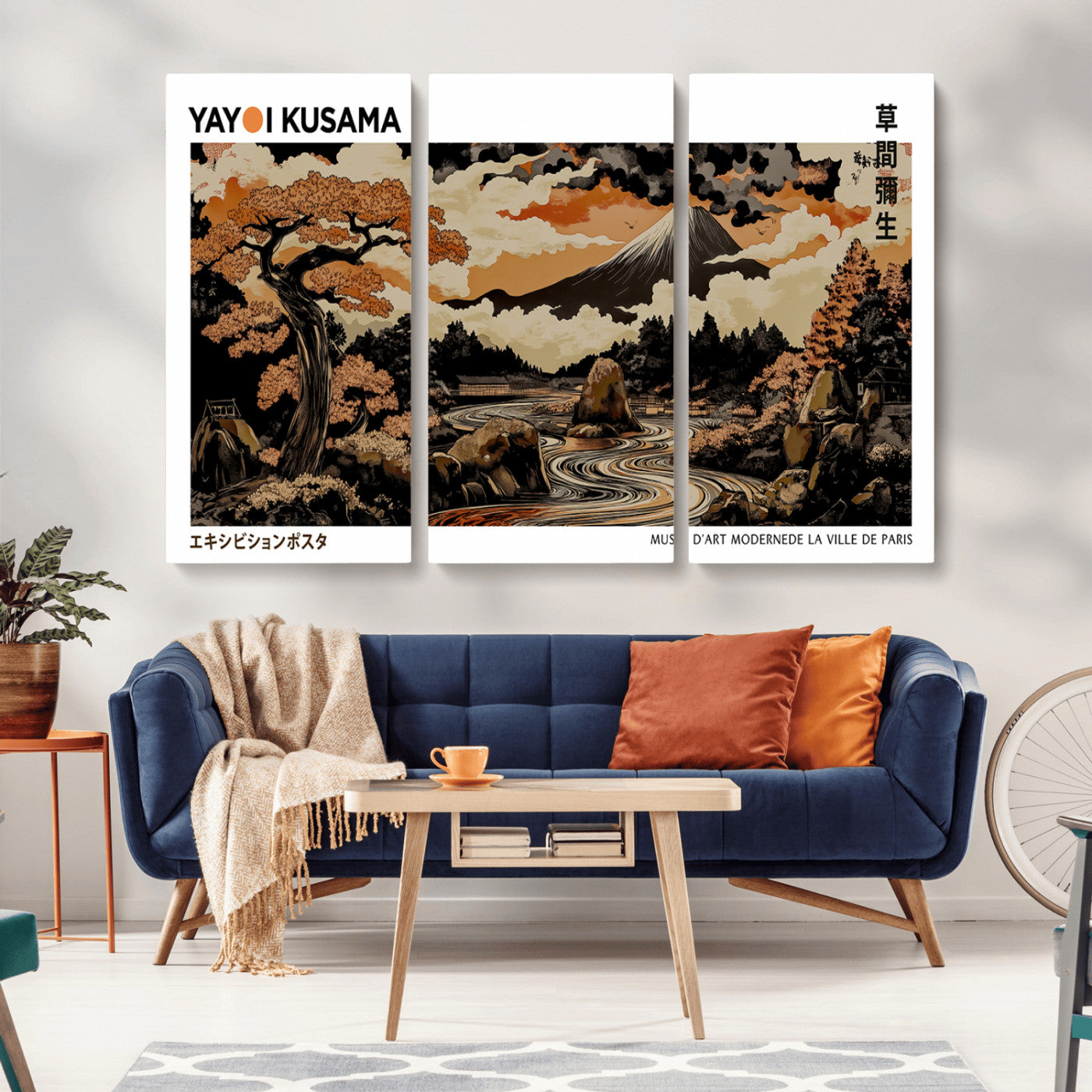 MGV-CV-48X32-3P - Modern Japanese Wall Art Print Yayoi Kusama Canvas Wall Art Abstract Mount Fuji Canvas Print