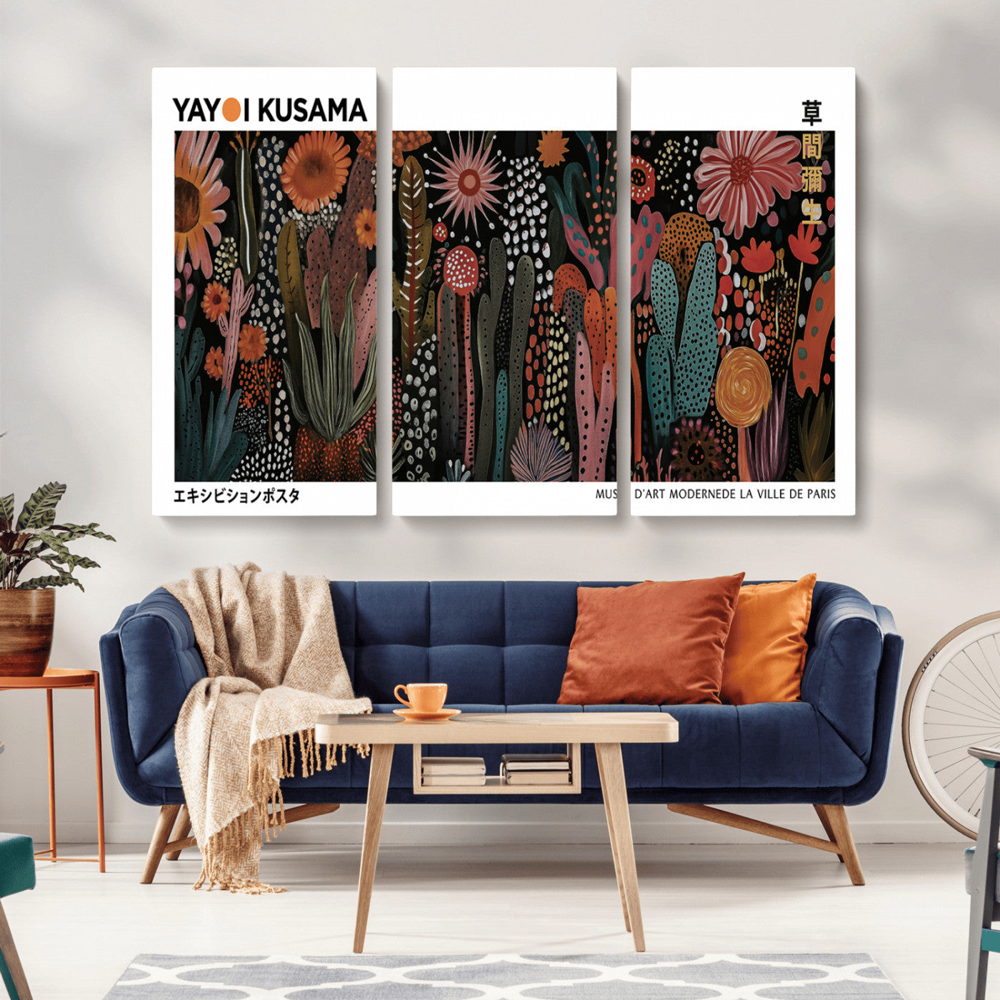 MGV-CV-48X32-3P - Modern Japanese Wall Art Print, Framed Yayoi Kusama Artwork, Abstract Mount Fuji Canvas Print,