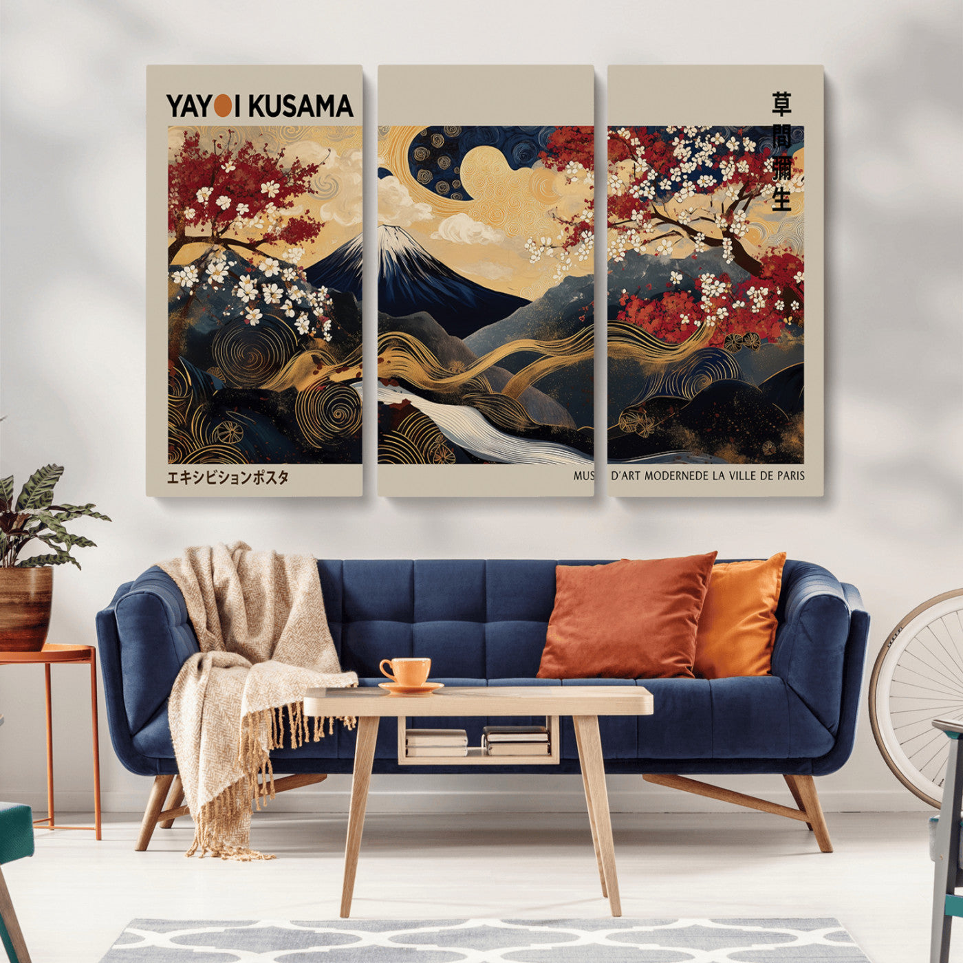 MGV-CV-48X32-3P - Modern Japanese Wall Art, Yayoi Kusama Japanese Print Wall Art, Abstract Mount Fuji Canvas Print,