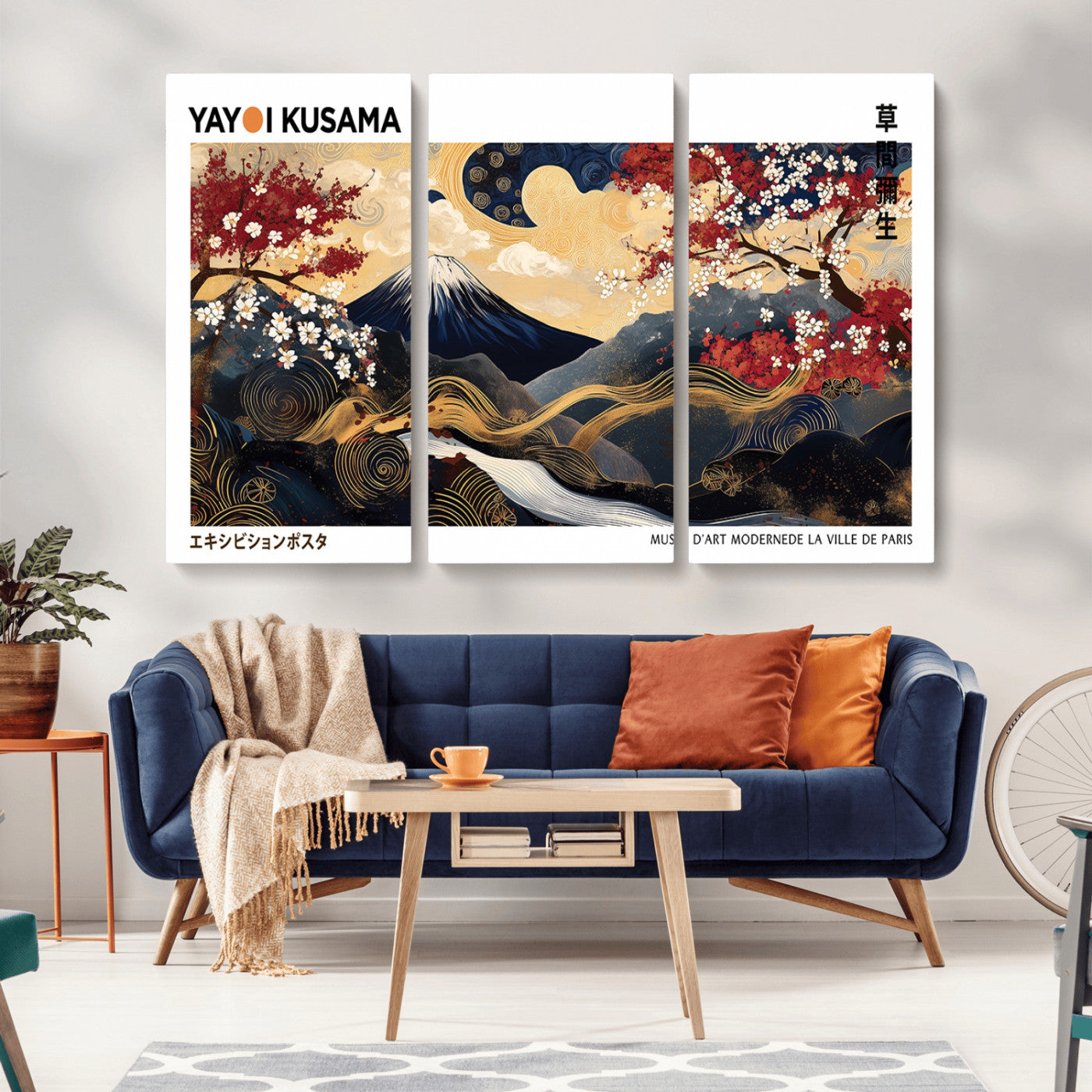 MGV-CV-48X32-3P - Modern Mount Fuji Print, Yayoi Kusama Canvas Wall Art, Abstract Mount Fuji Canvas Print, Japanese